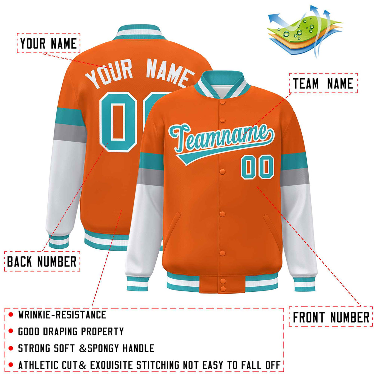 Custom Orange Aqua-White Color Block Bomber Varsity Full-Snap Baseball Jacket