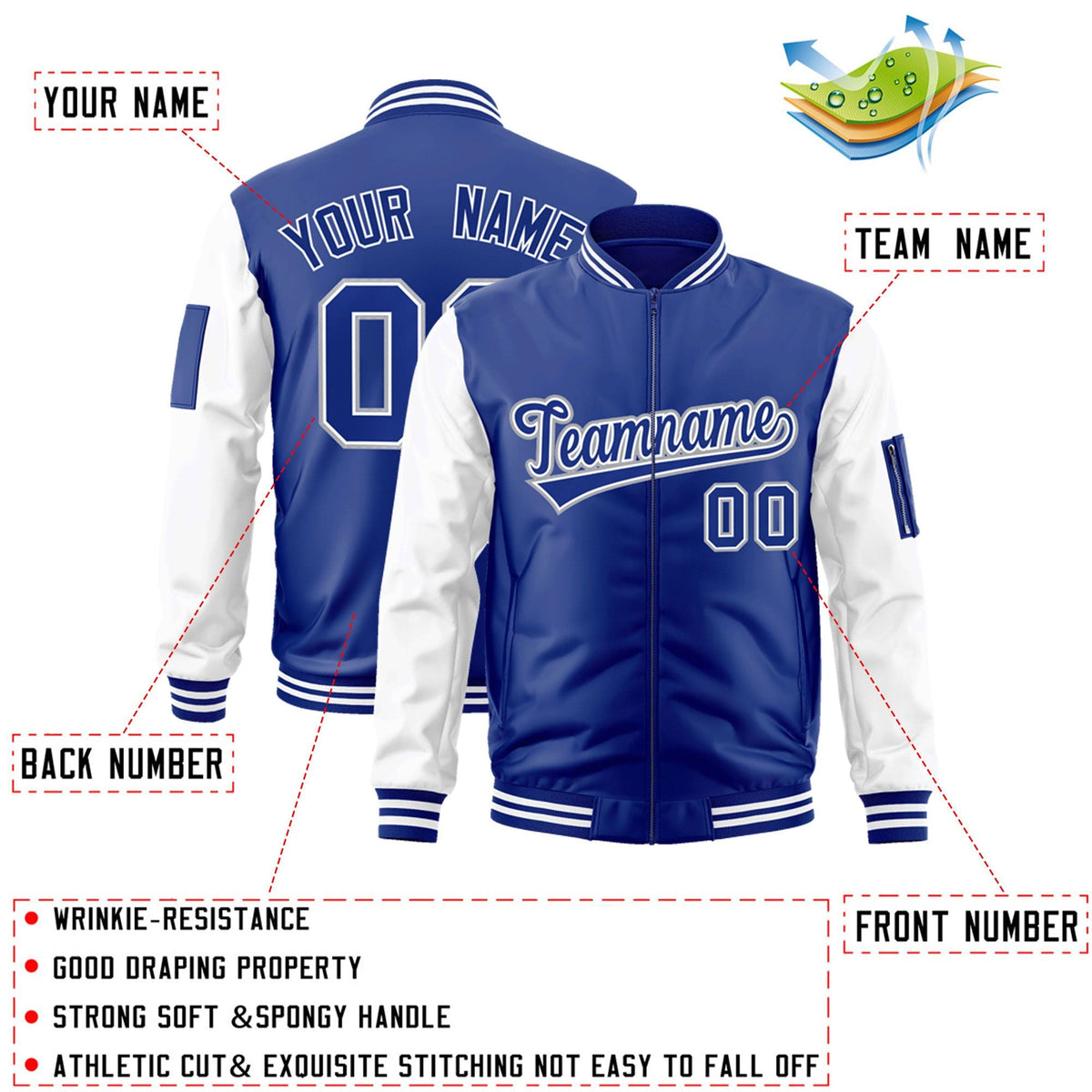 Custom Royal White-Gray Varsity Full-Zip Raglan Sleeves Letterman Bomber Jacket