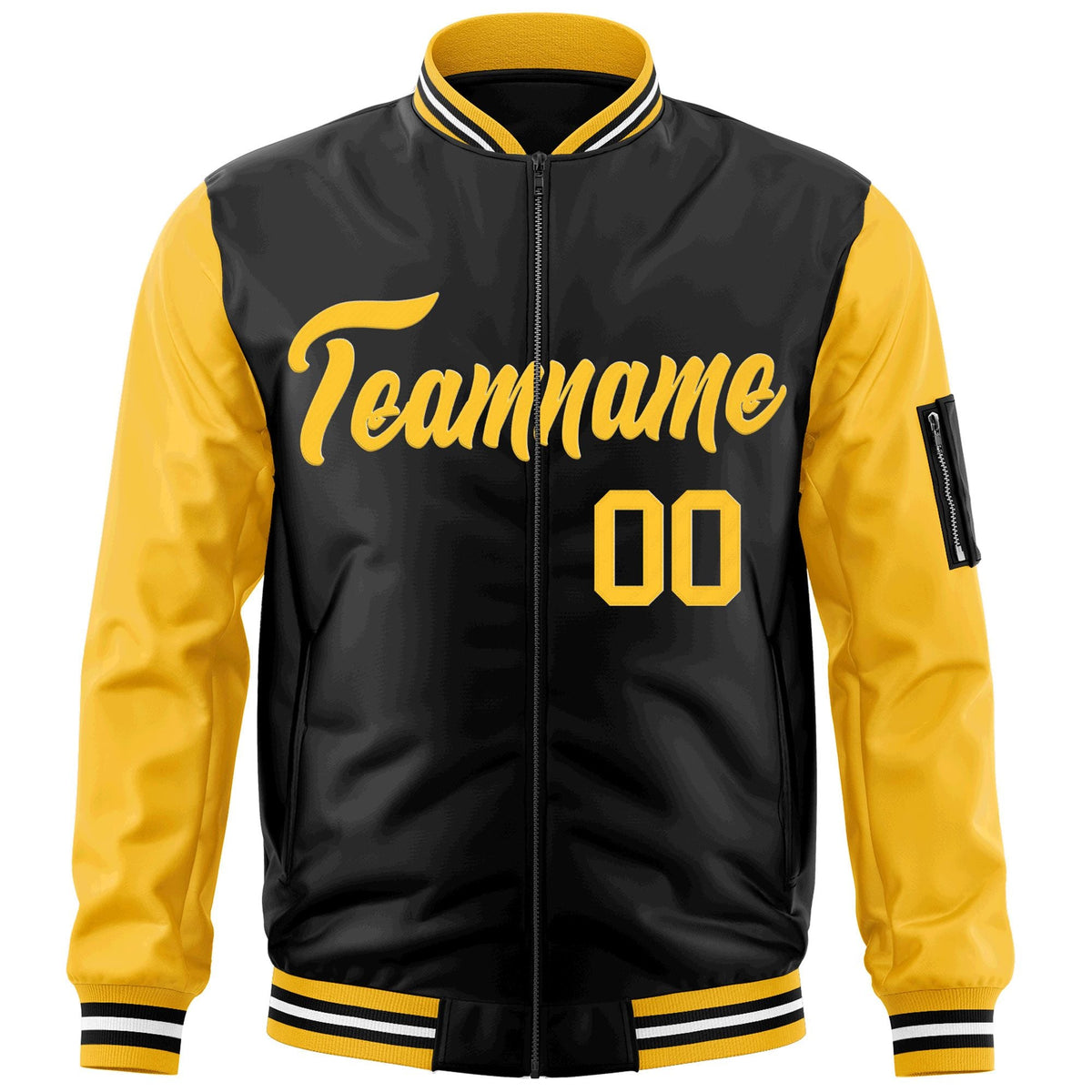 Custom Black Gold Varsity Full-Zip Raglan Sleeves Letterman Bomber Jacket