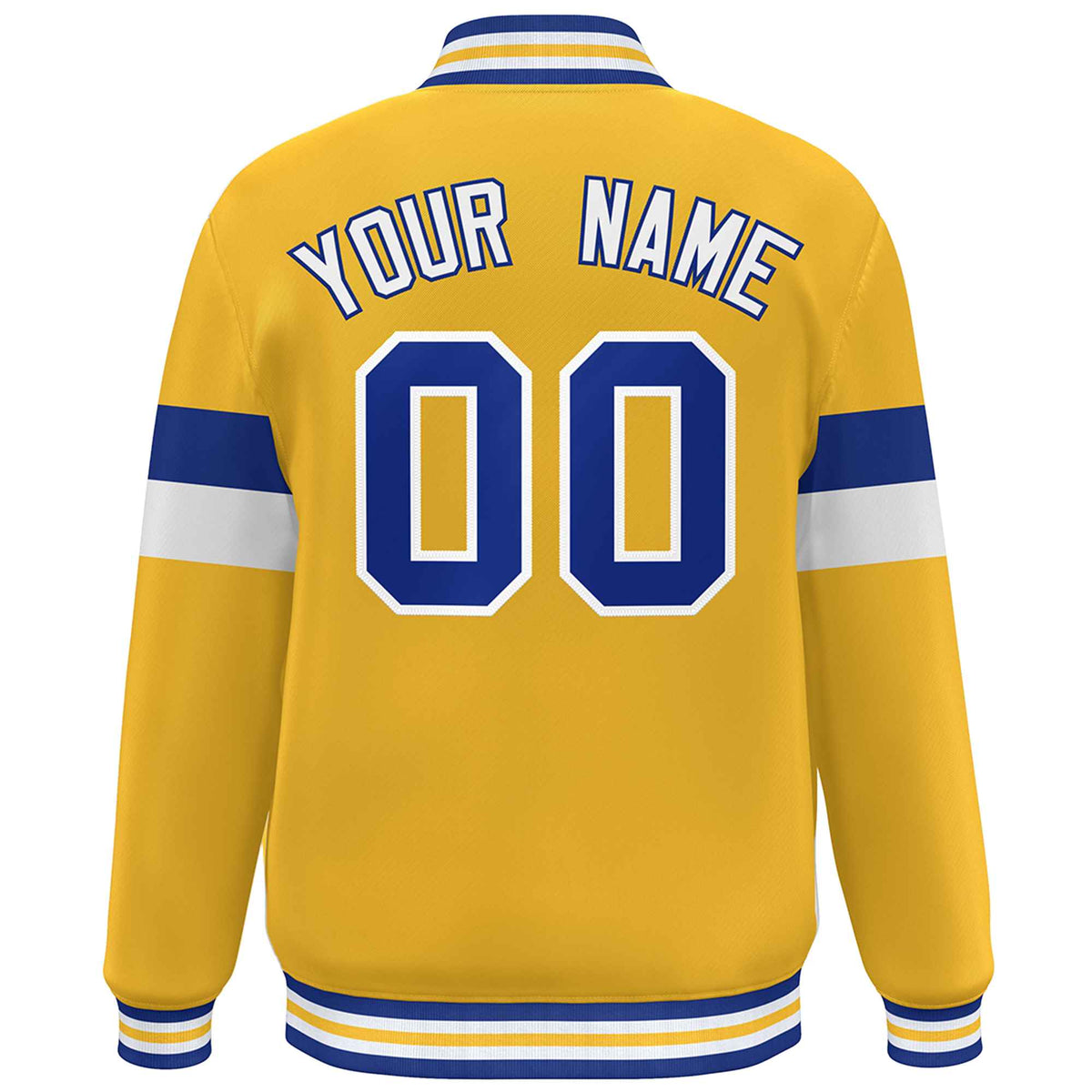 Custom Gold Royal-White Color Block Bomber Varsity Full-Snap Baseball Jacket