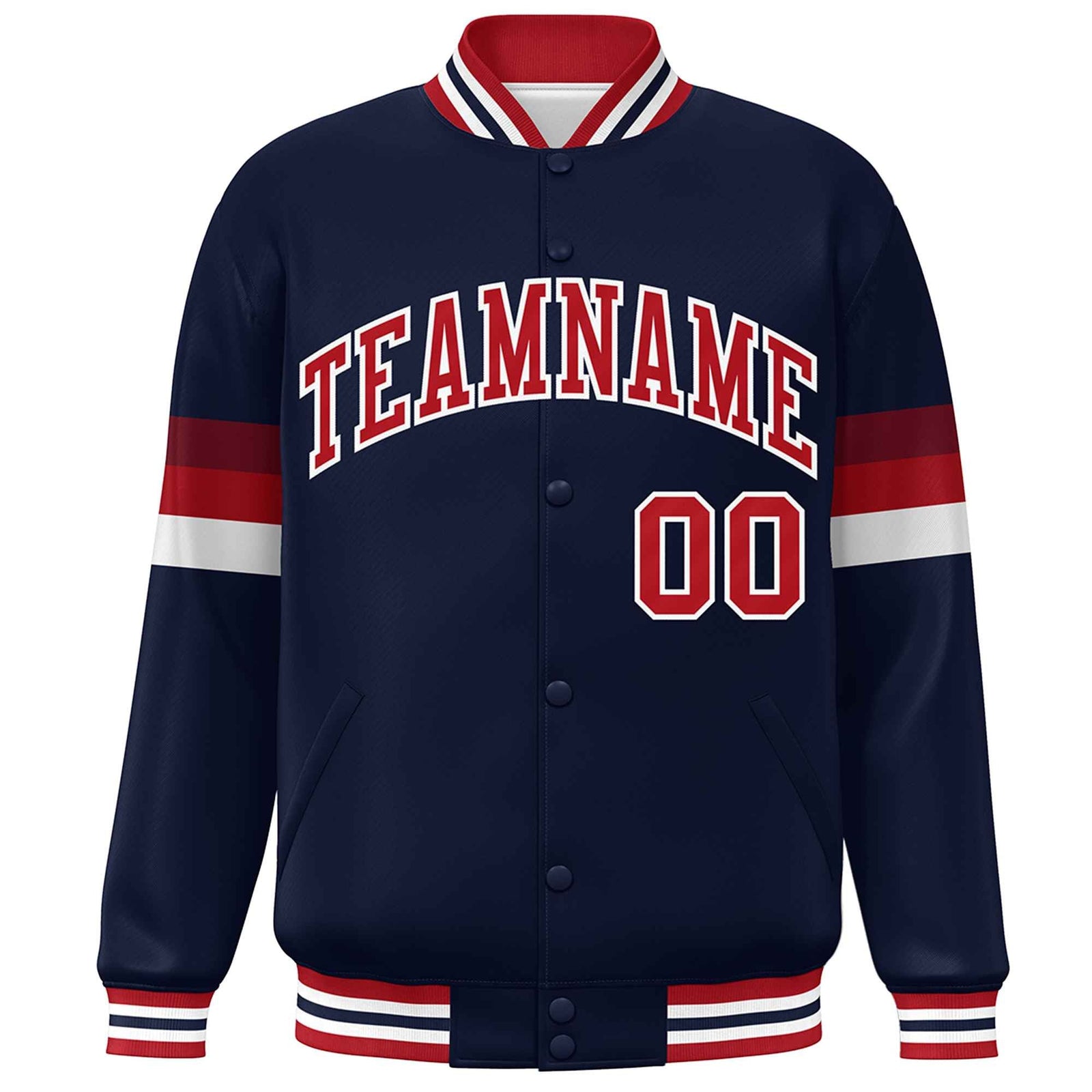 Custom Navy Red-White Color Block Bomber Varsity Full-Snap Baseball Jacket