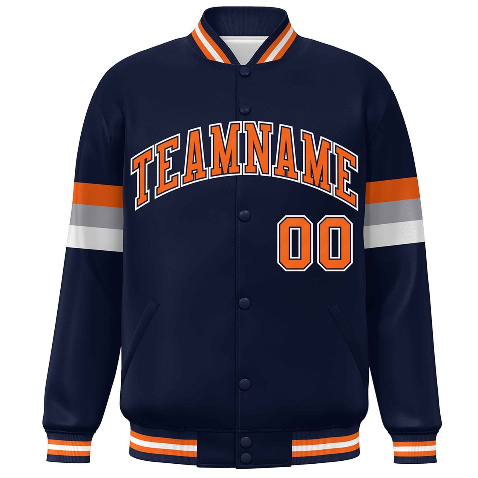Custom Navy Orange-White Color Block Bomber Varsity Full-Snap Baseball Jacket