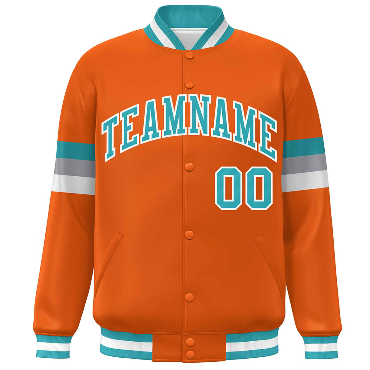 Custom Orange Aqua-White Color Block Bomber Varsity Full-Snap Baseball Jacket