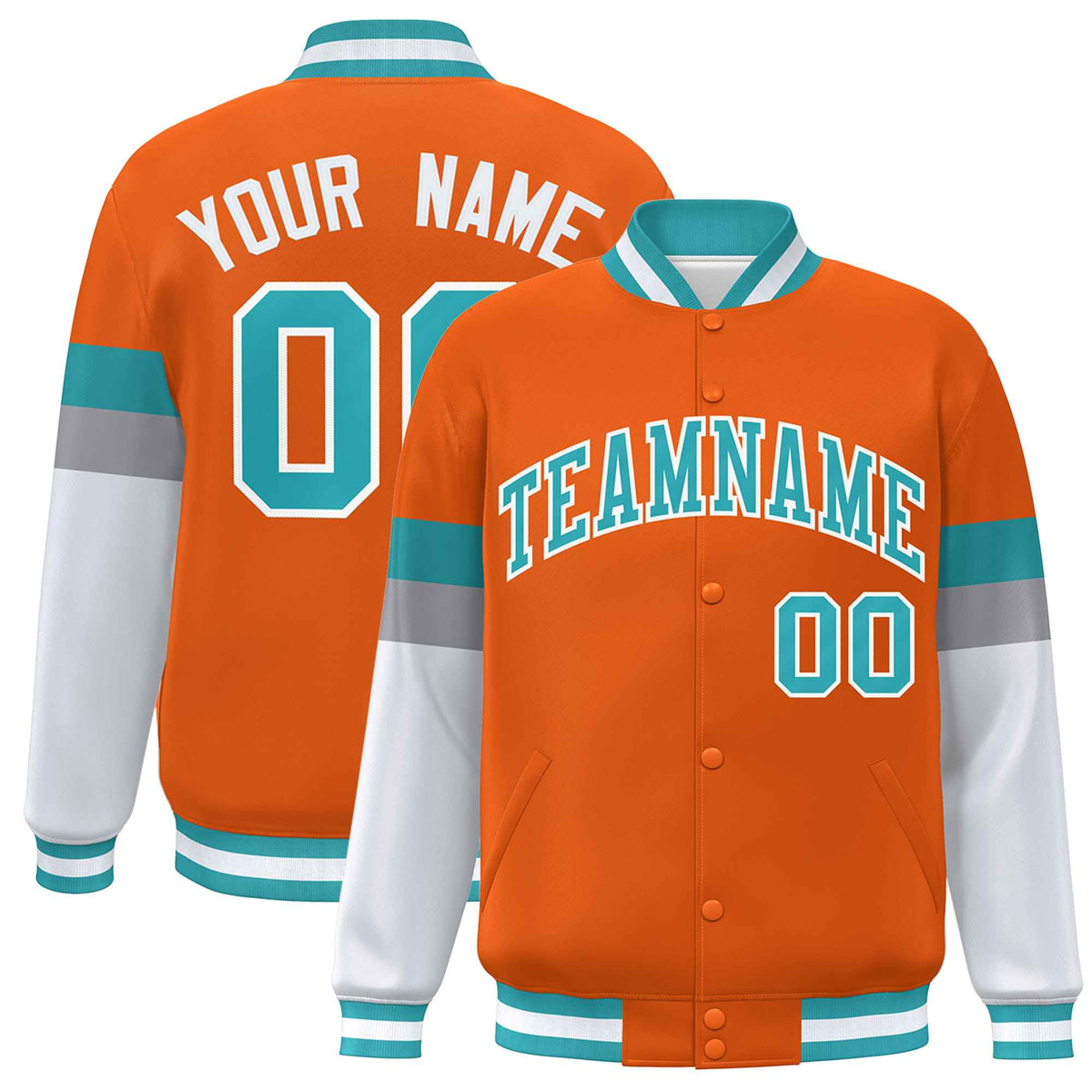 Custom Orange Aqua-White Color Block Bomber Varsity Full-Snap Baseball Jacket