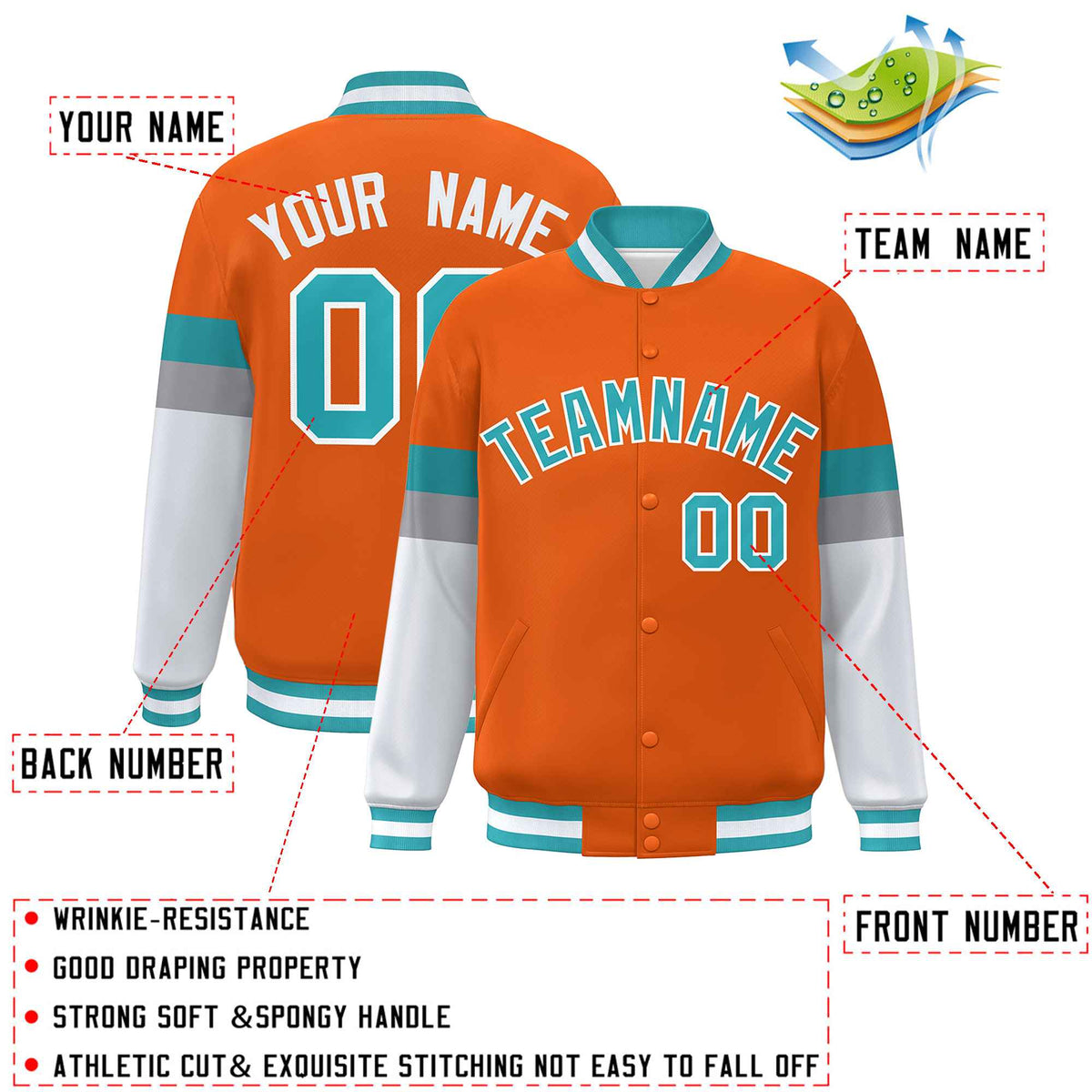 Custom Orange Aqua-White Color Block Bomber Varsity Full-Snap Baseball Jacket