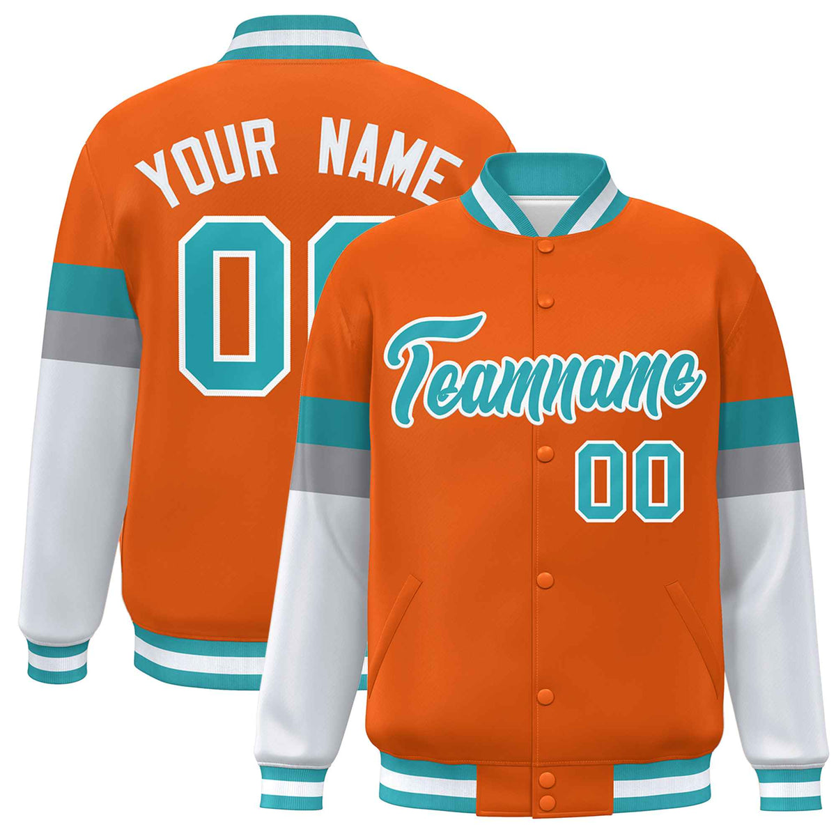 Custom Orange Aqua-White Color Block Bomber Varsity Full-Snap Baseball Jacket