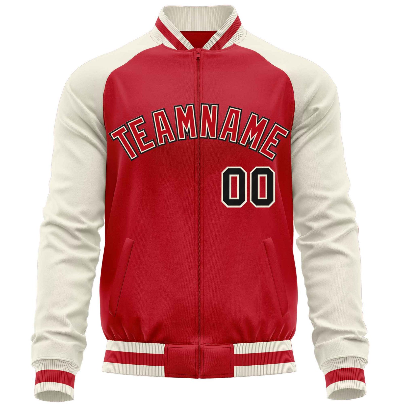 Custom Red Cream Varsity Full-Zip Raglan Sleeves Letterman Baseball Jacket
