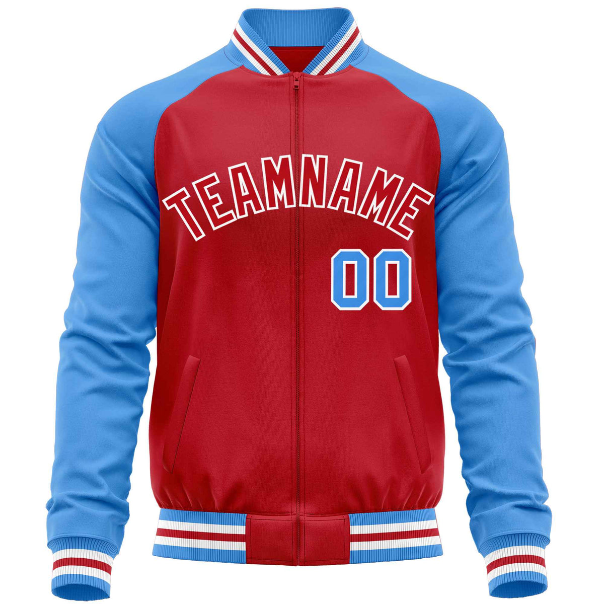 Custom Red Powder Blue Varsity Full-Zip Raglan Sleeves Letterman Baseball Jacket