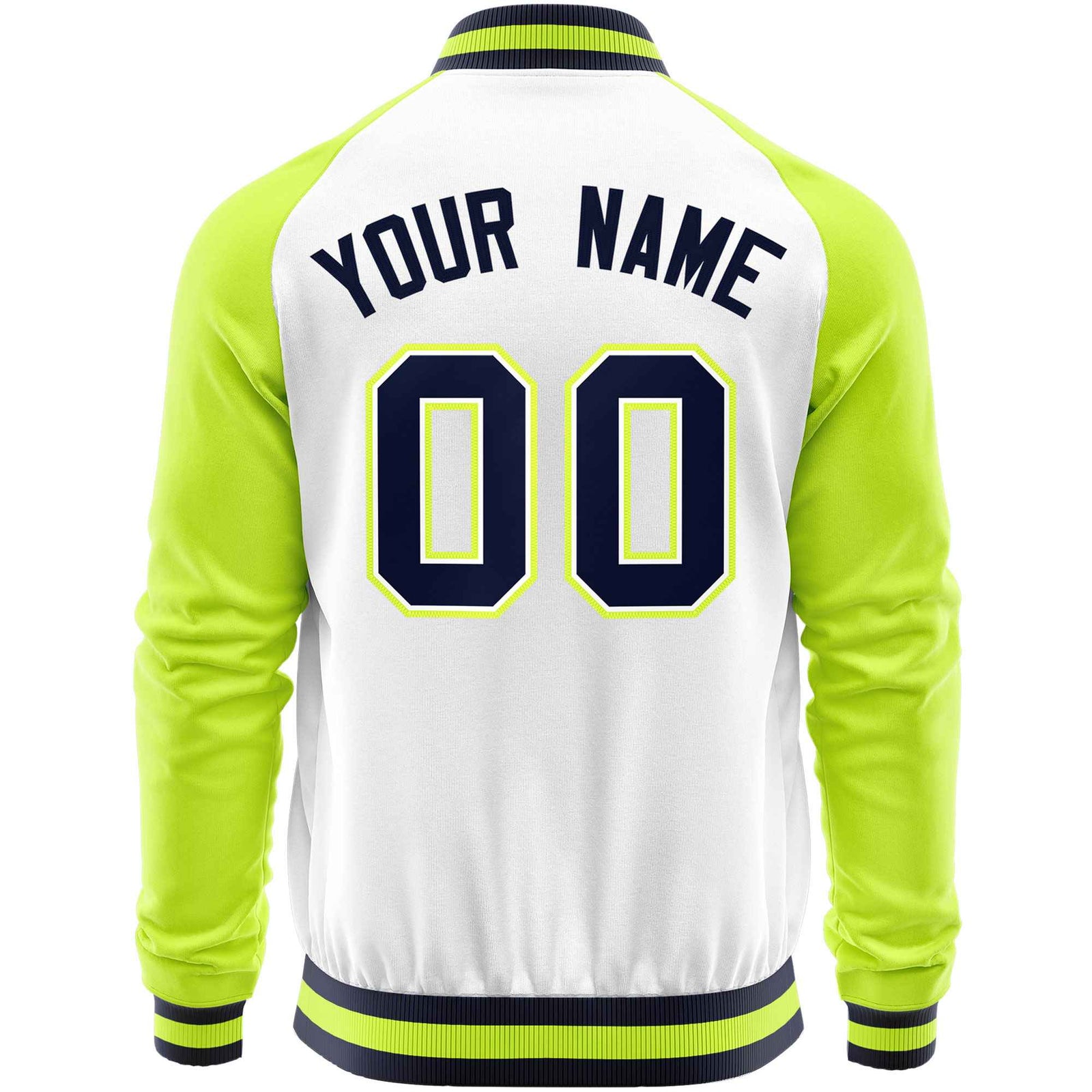 Custom White Neon Green Varsity Full-Zip Raglan Sleeves Letterman Baseball Jacket