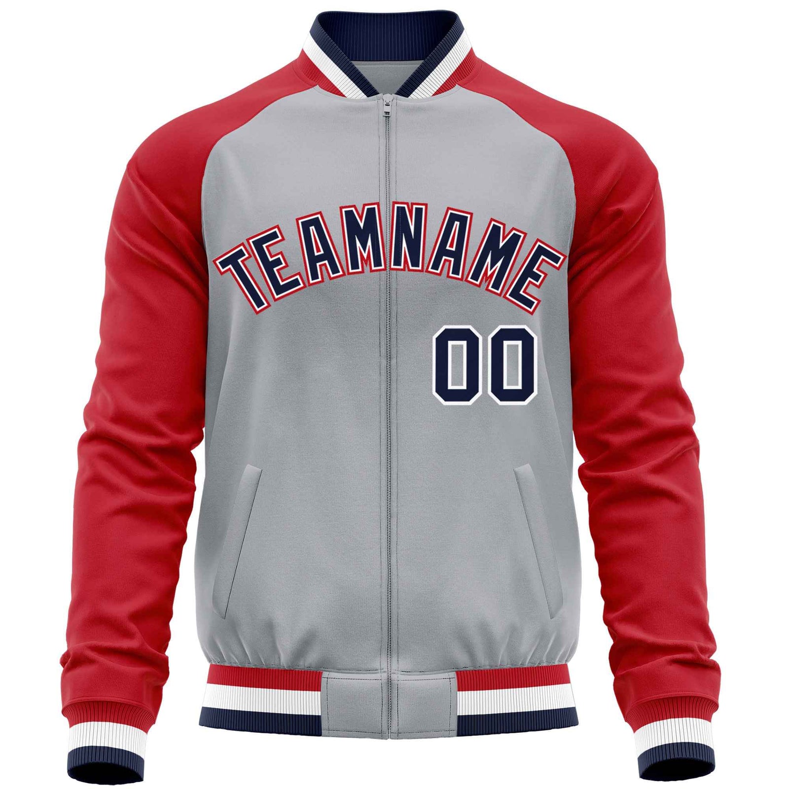 Custom Gray Red Varsity Full-Zip Raglan Sleeves Letterman Baseball Jacket