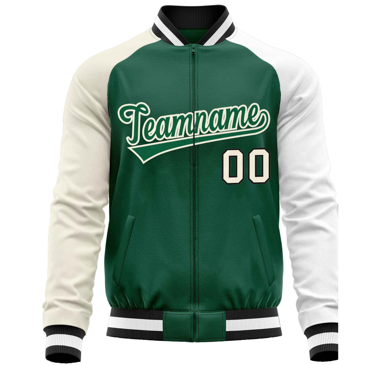 Custom Green White-Cream Varsity Full-Zip Raglan Sleeves Letterman Baseball Jacket