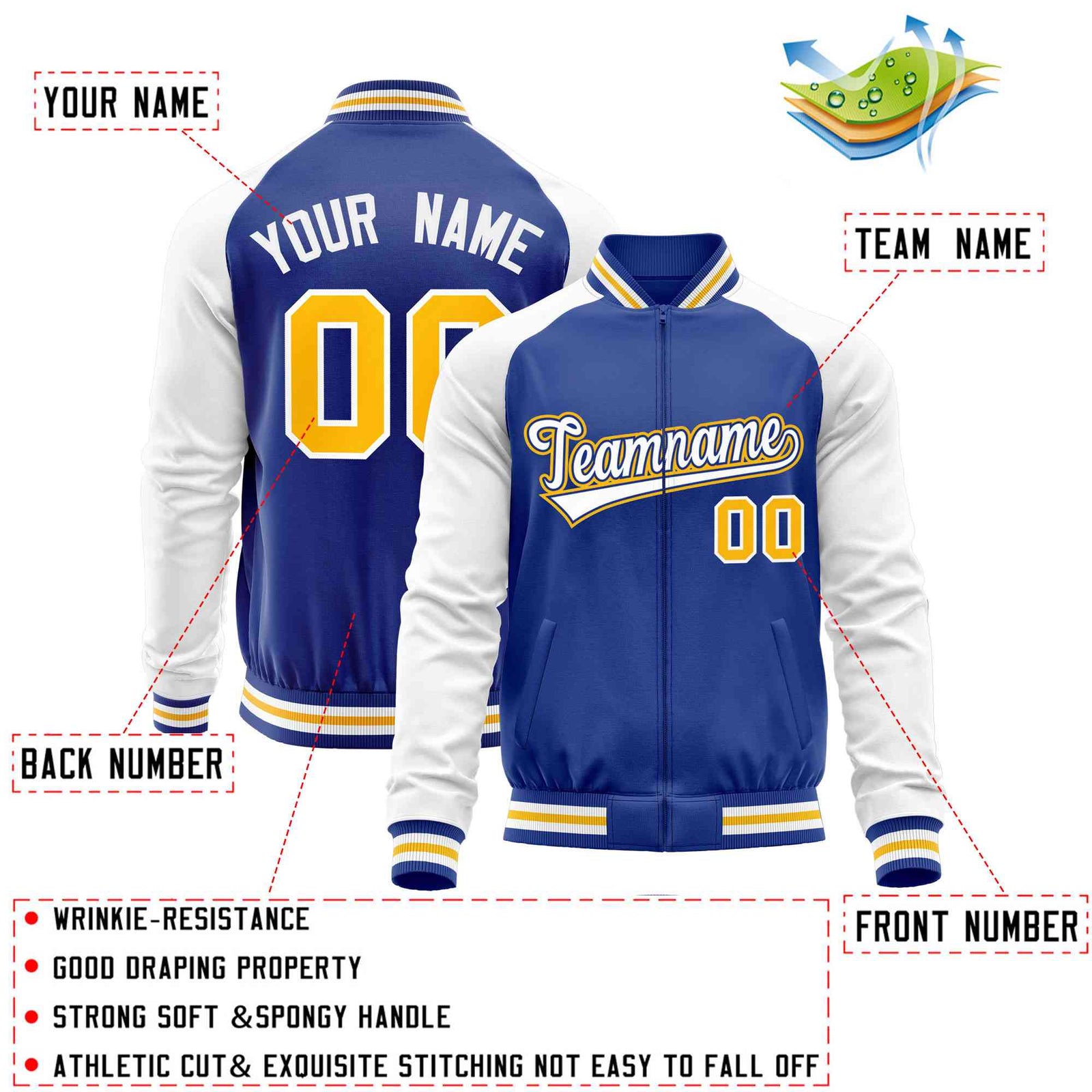 Custom Royal White Varsity Full-Zip Raglan Sleeves Letterman Baseball Jacket