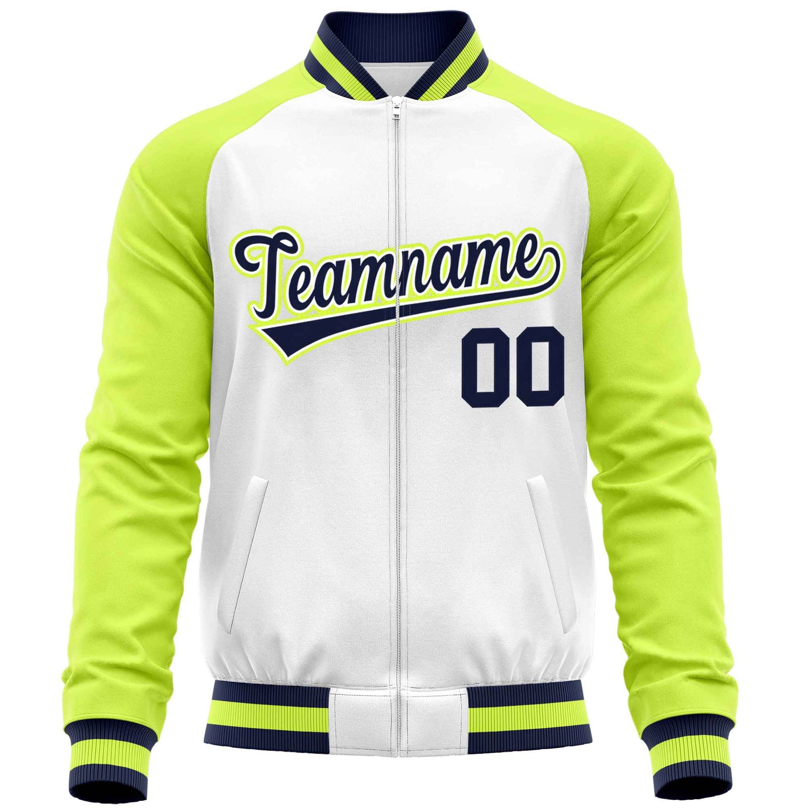 Custom White Neon Green Varsity Full-Zip Raglan Sleeves Letterman Baseball Jacket