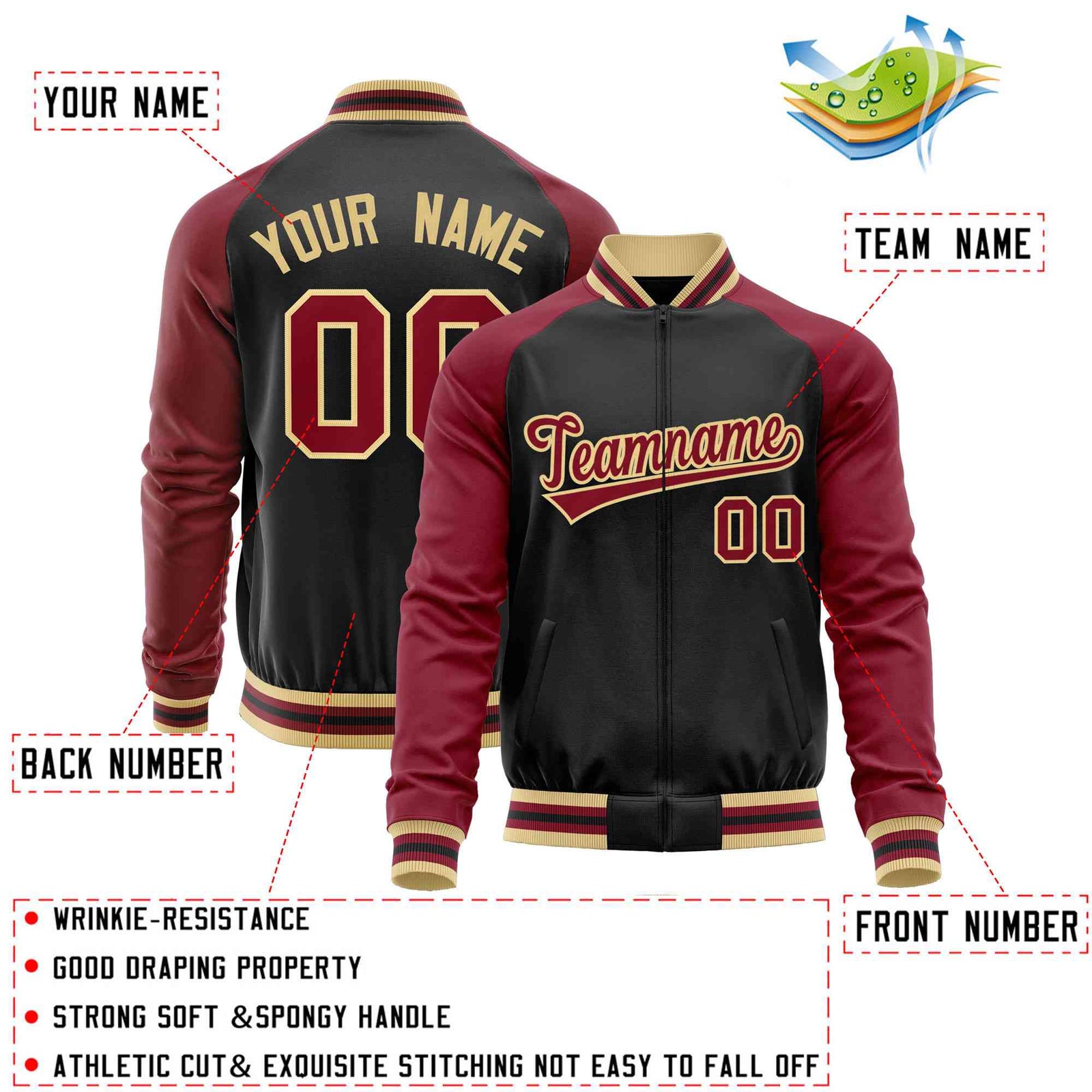 Custom Black Crimson Varsity Full-Zip Raglan Sleeves Letterman Baseball Jacket