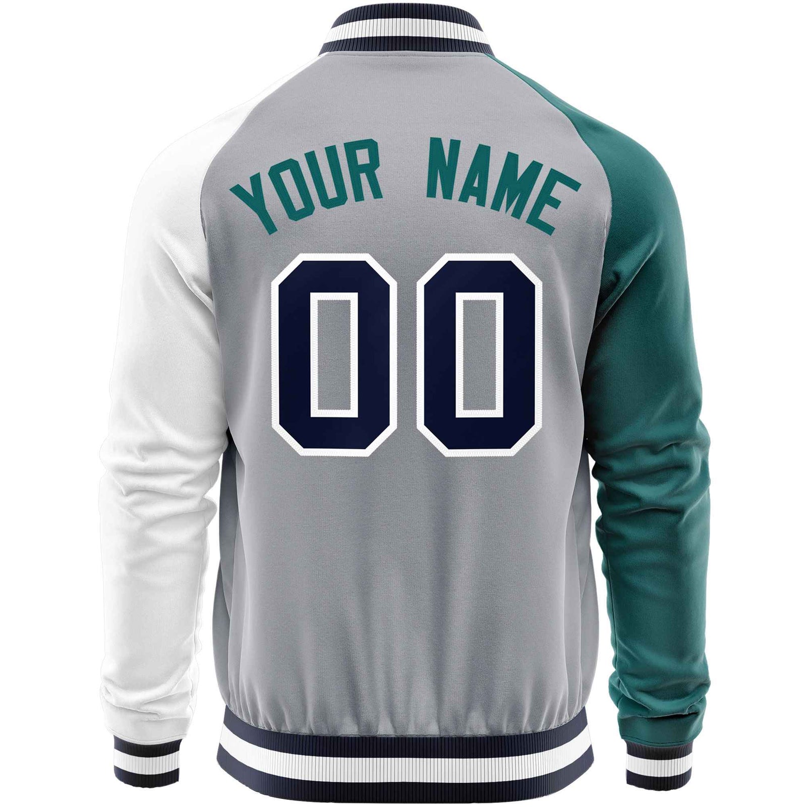 Custom Gray White-Aqua Varsity Full-Zip Raglan Sleeves Letterman Baseball Jacket