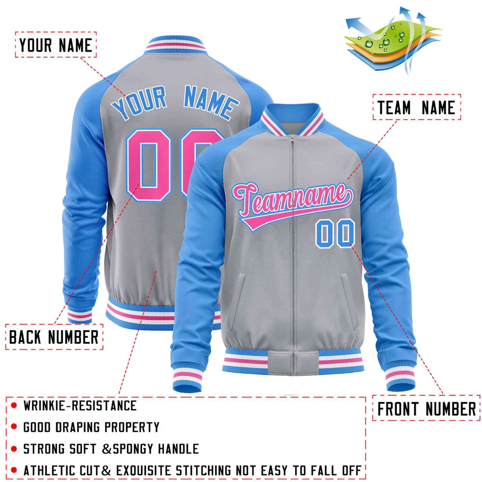 Custom Gray Powder Blue Varsity Full-Zip Raglan Sleeves Letterman Baseball Jacket