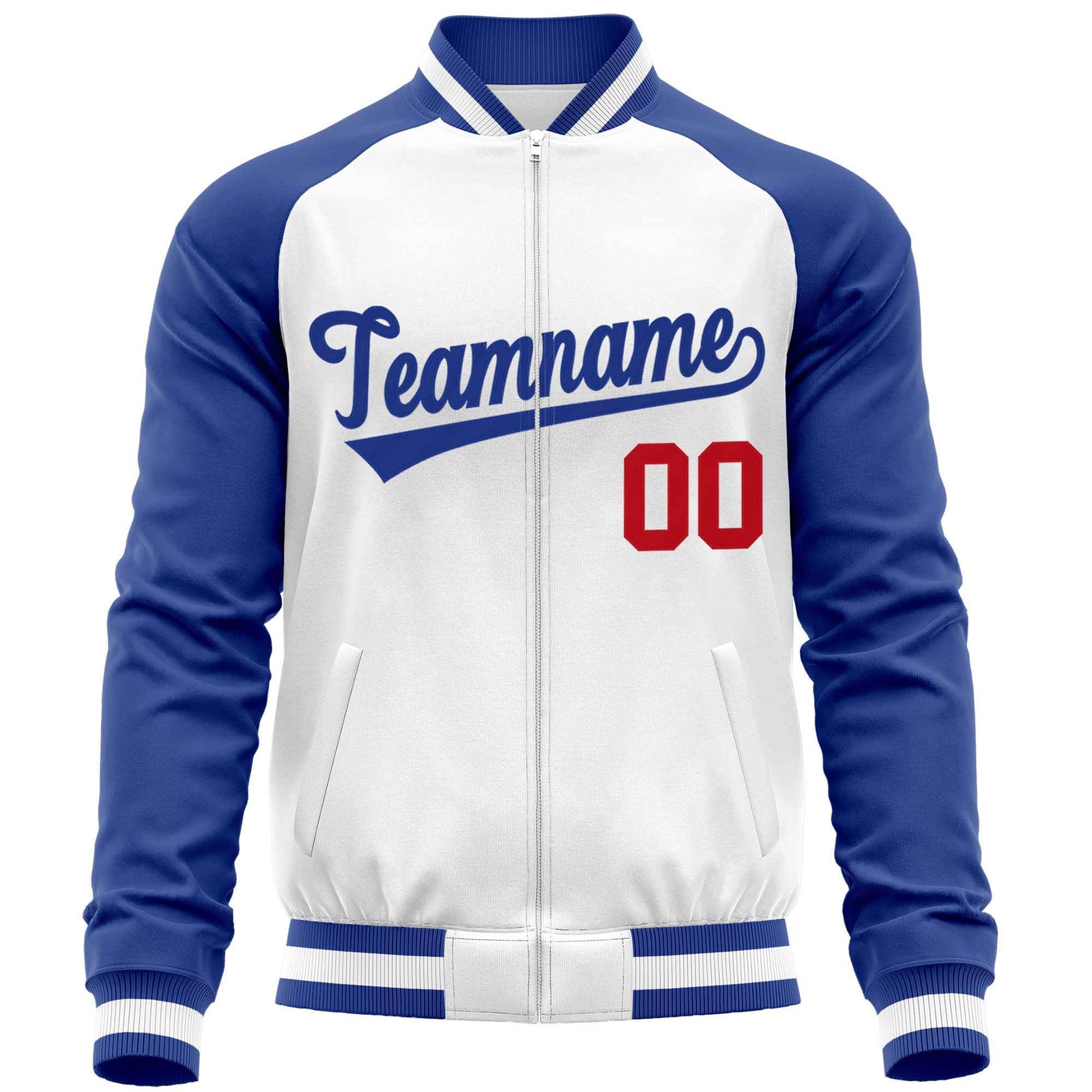 Custom White Royal Varsity Full-Zip Raglan Sleeves Letterman Baseball Jacket