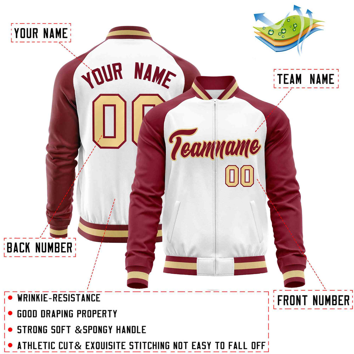 Custom White Crimson Varsity Full-Zip Raglan Sleeves Letterman Baseball Jacket