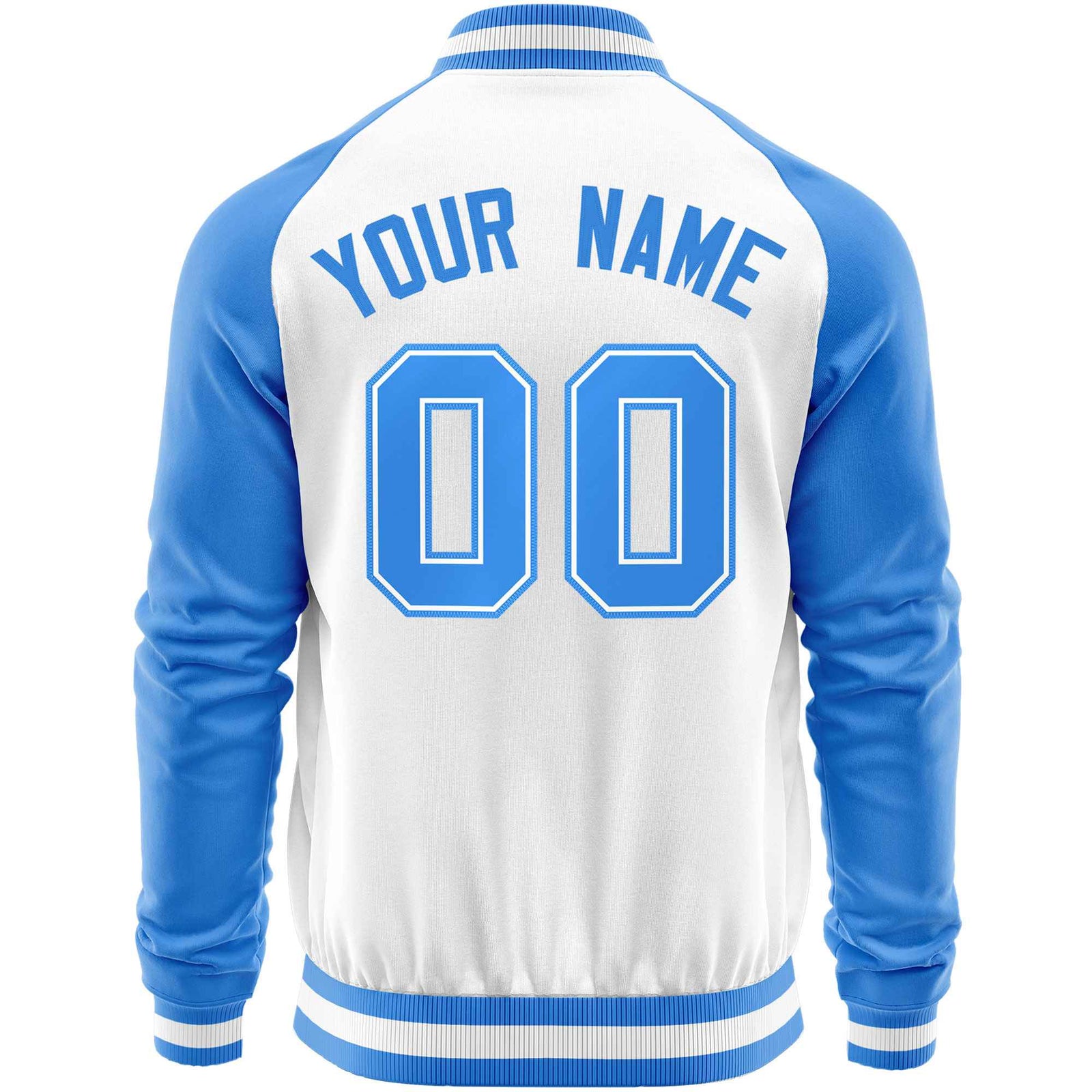 Custom White Powder Blue Varsity Full-Zip Raglan Sleeves Letterman Baseball Jacket