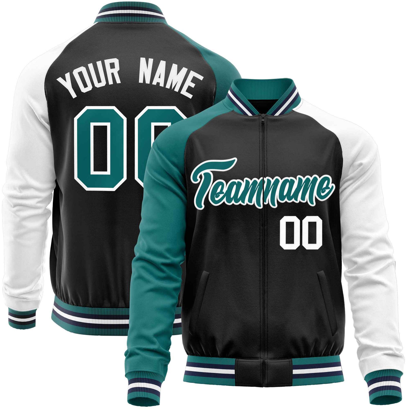 Custom Black White-Aqua Varsity Full-Zip Raglan Sleeves Letterman Baseball Jacket