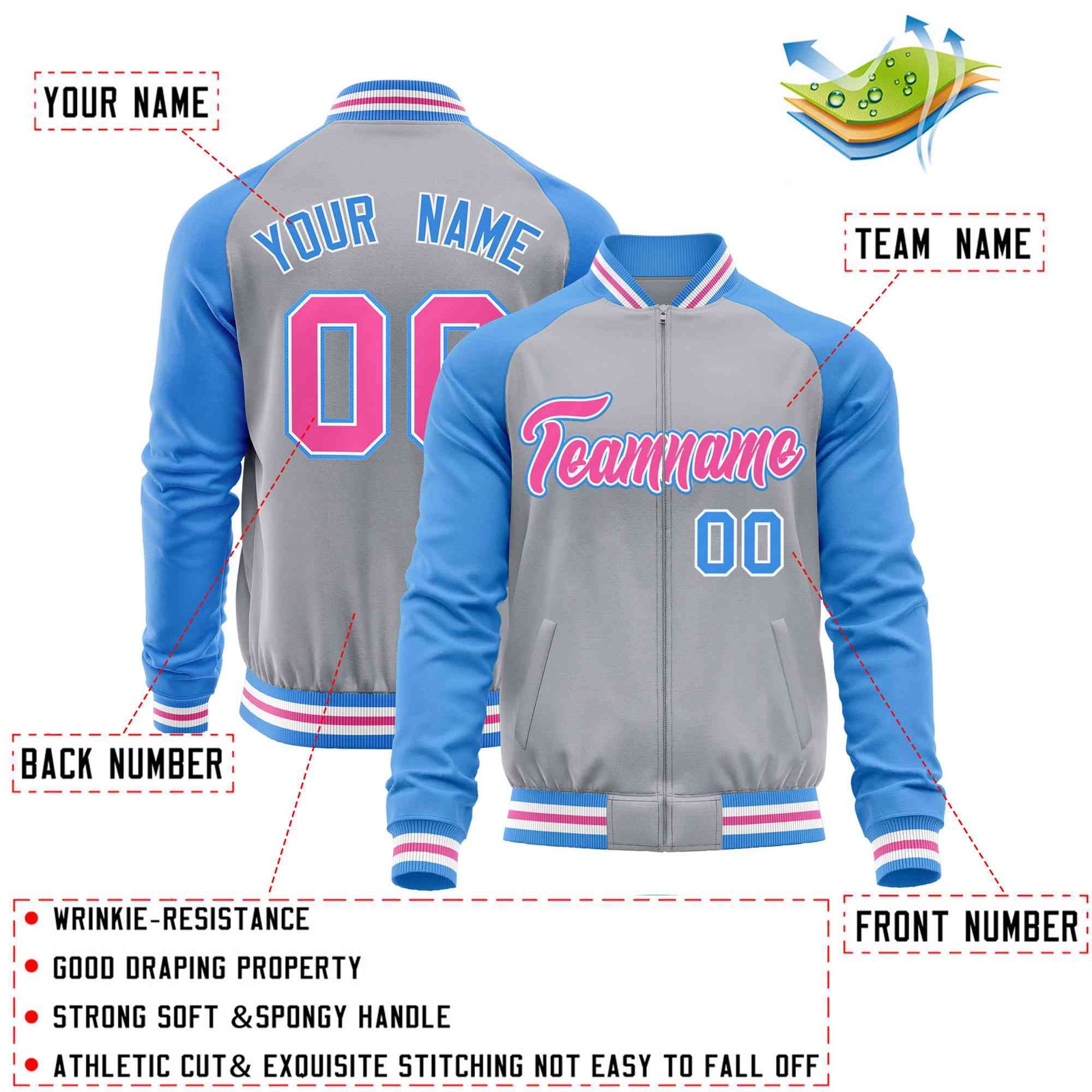 Custom Gray Powder Blue Varsity Full-Zip Raglan Sleeves Letterman Baseball Jacket