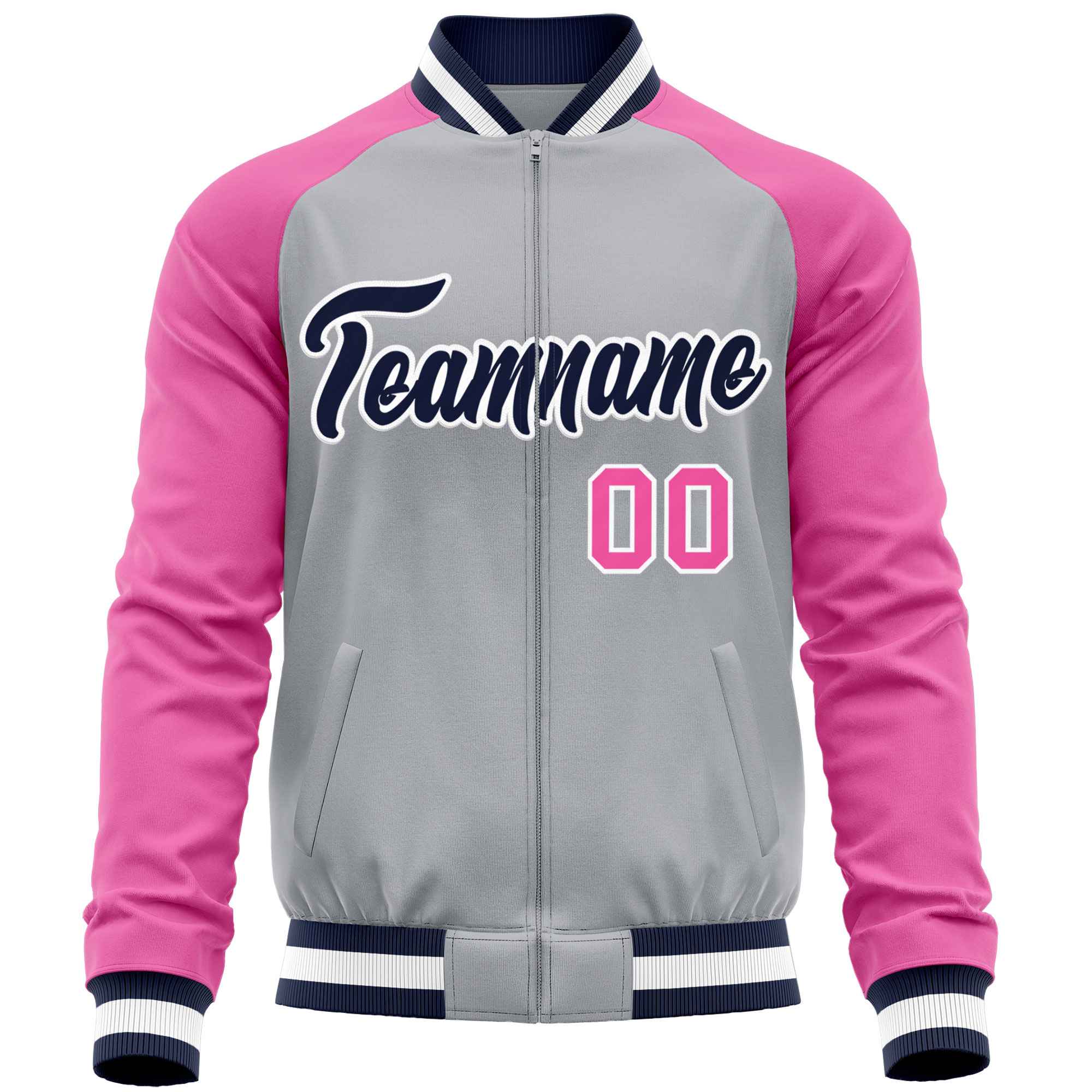 Custom Gray Pink Varsity Full-Zip Raglan Sleeves Letterman Baseball Jacket