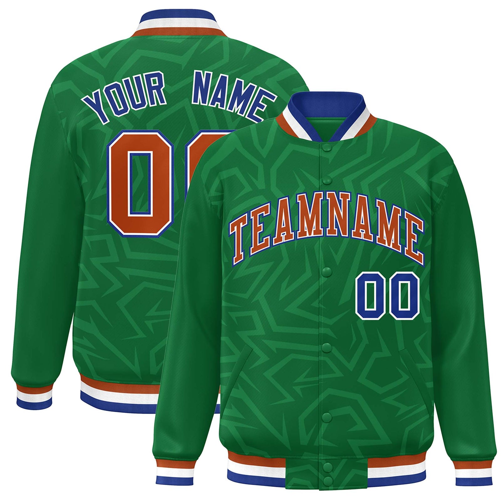 Custom Kelly Green Orange-Royal Stripe Graffiti Pattern Varsity Full-Snap Jacket