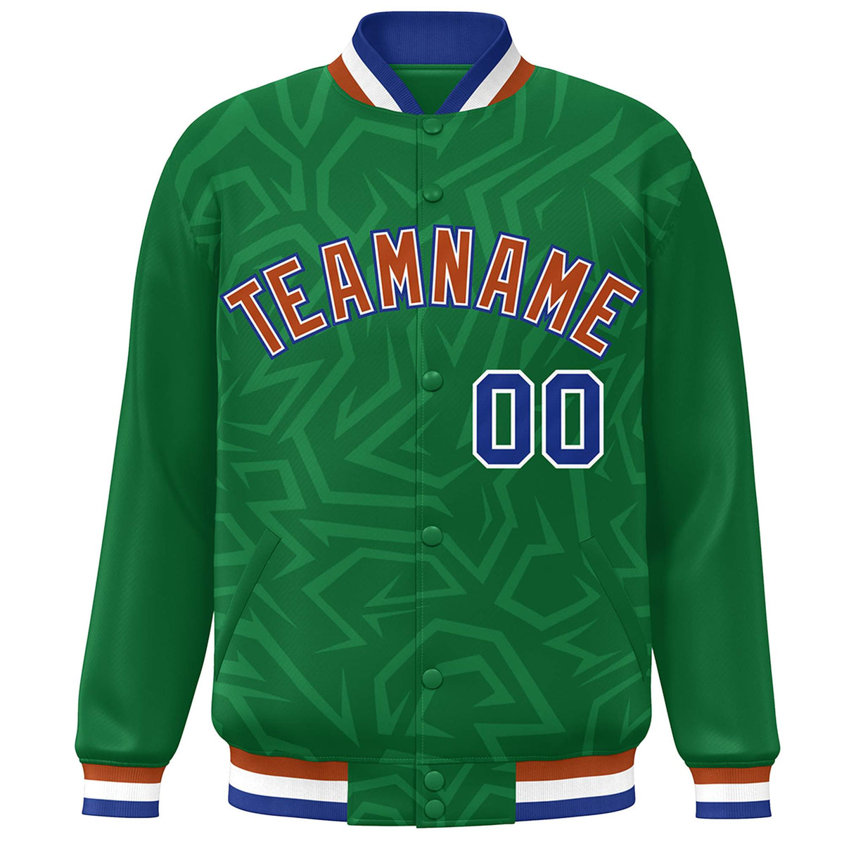 Custom Kelly Green Orange-Royal Stripe Graffiti Pattern Varsity Full-Snap Jacket