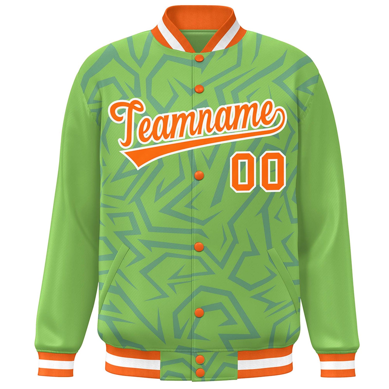 Custom Green Orange-White Stripe Graffiti Pattern Varsity Full-Snap Jacket
