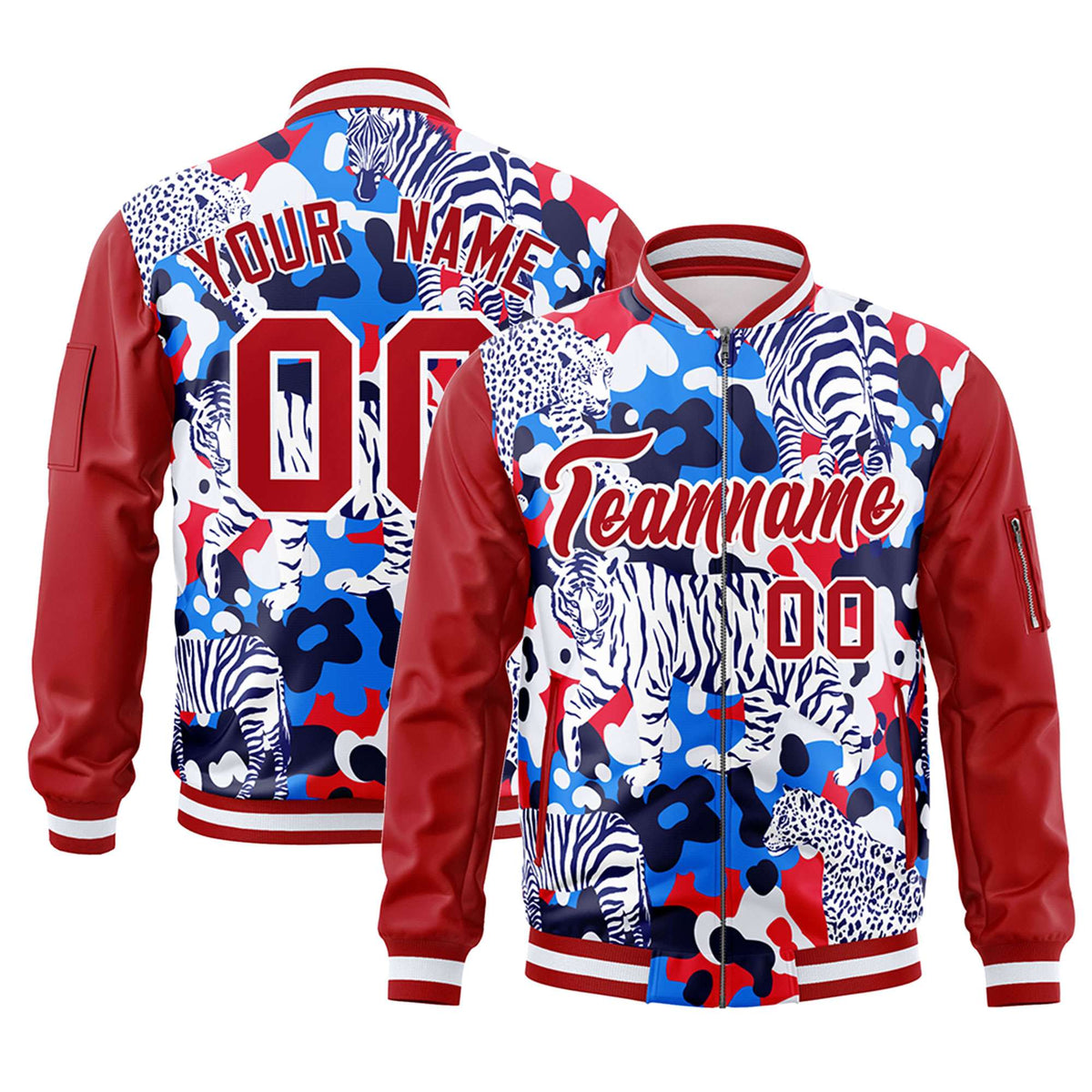 Custom Red White Varsity Full-Zip Graffiti Pattern Letterman Bomber Jacket