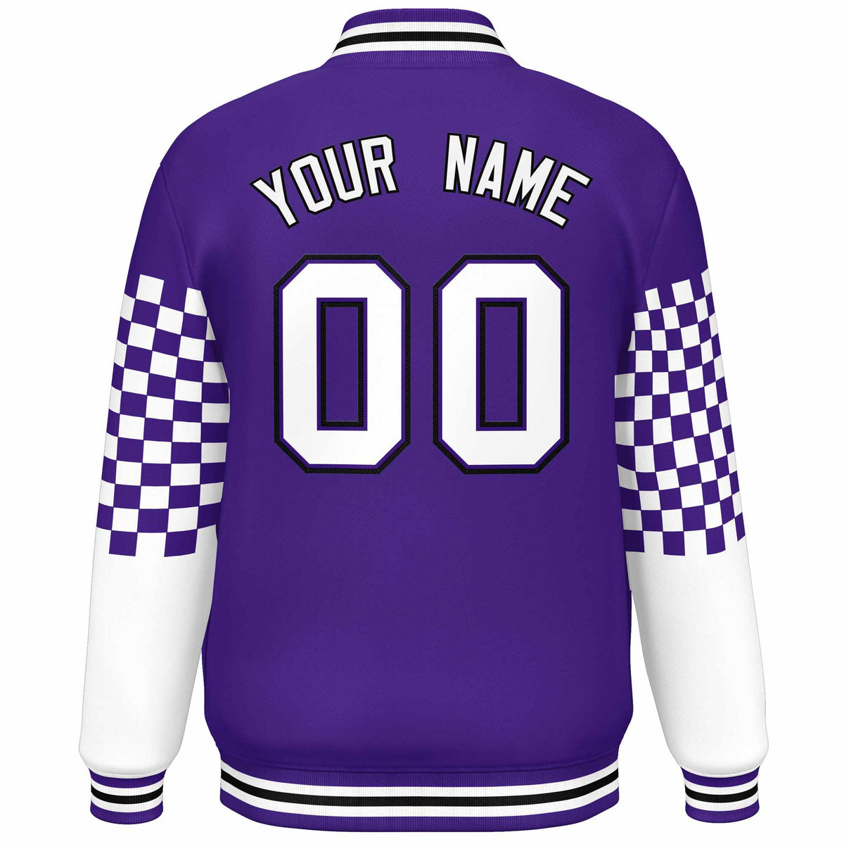 Custom Purple White-Black Checkered Pattern Color Block Bomber Varsity Jacket