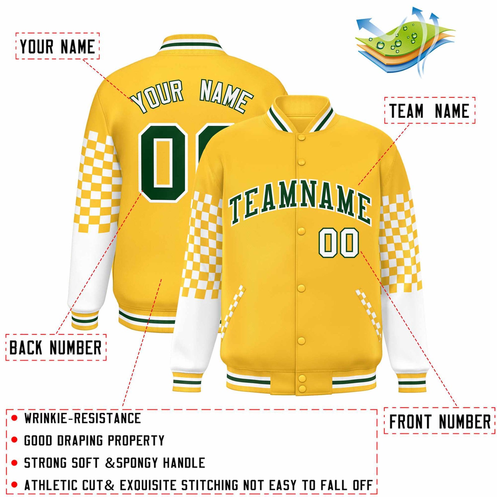 Custom Gold Green-White Checkered Pattern Color Block Bomber Varsity Jacket