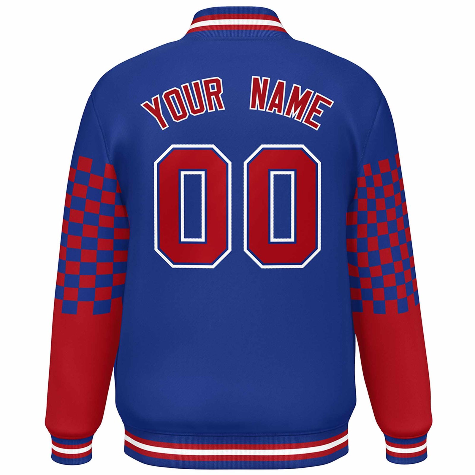 Custom Royal Red-White Checkered Pattern Color Block Bomber Varsity Jacket