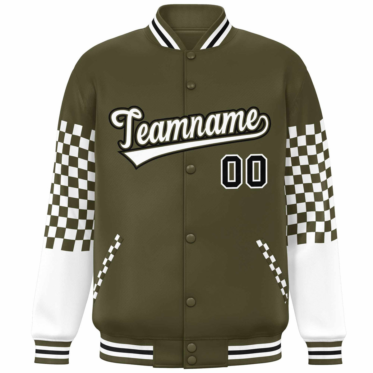 Custom Olive White-Black Checkered Pattern Color Block Bomber Varsity Jacket