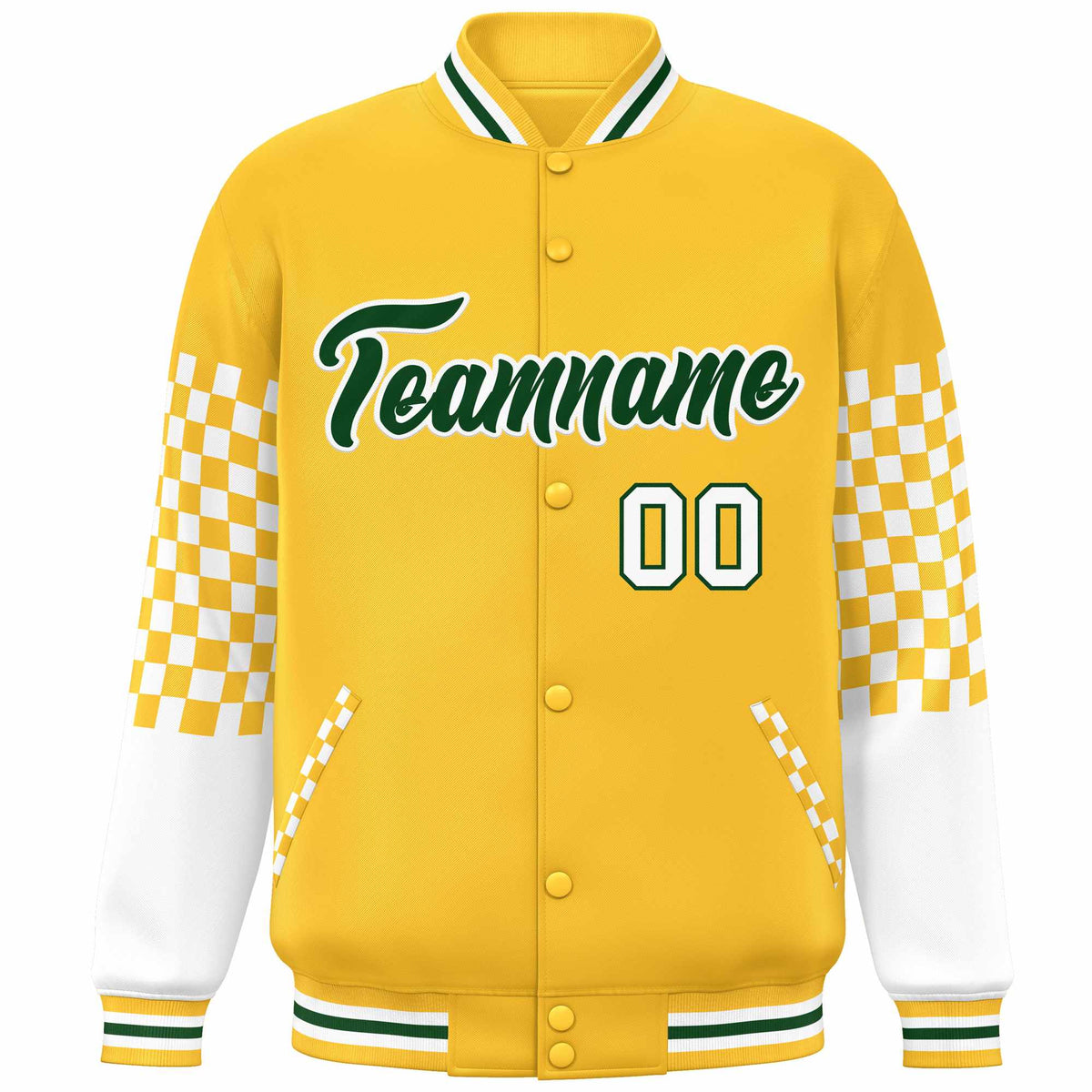 Custom Gold Green-White Checkered Pattern Color Block Bomber Varsity Jacket