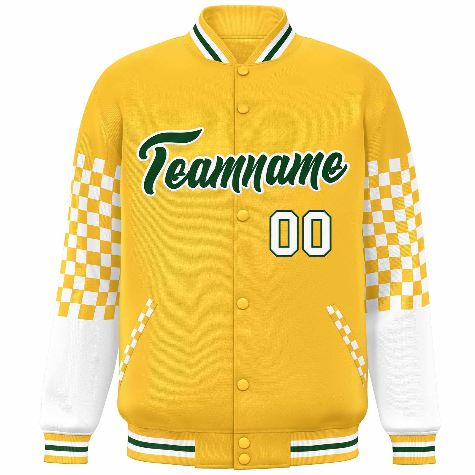 Custom Gold Green-White Checkered Pattern Color Block Bomber Varsity Jacket