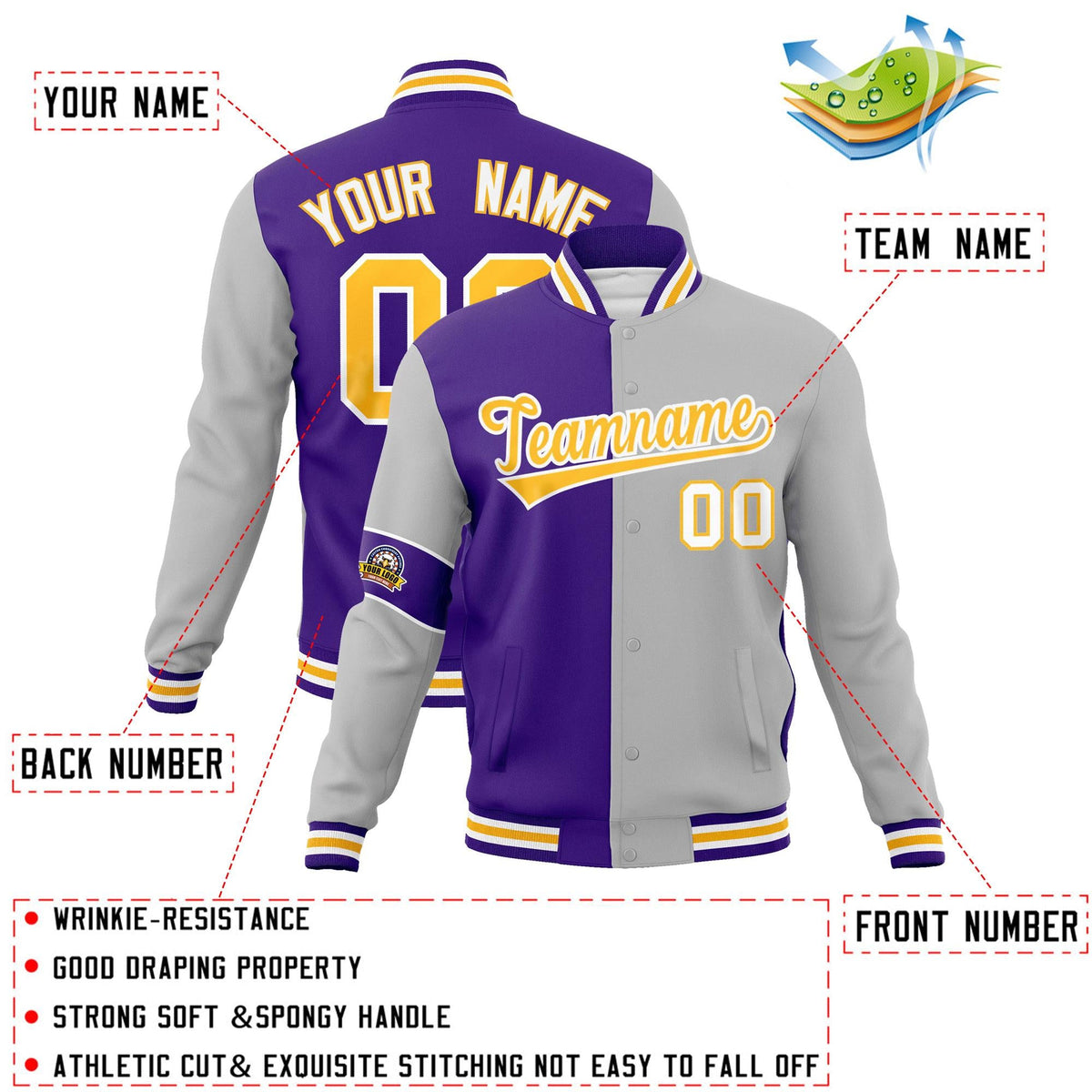 Custom Purple Gray-Gold Letterman Two Tone Full-Snap Split Fashion Jacket