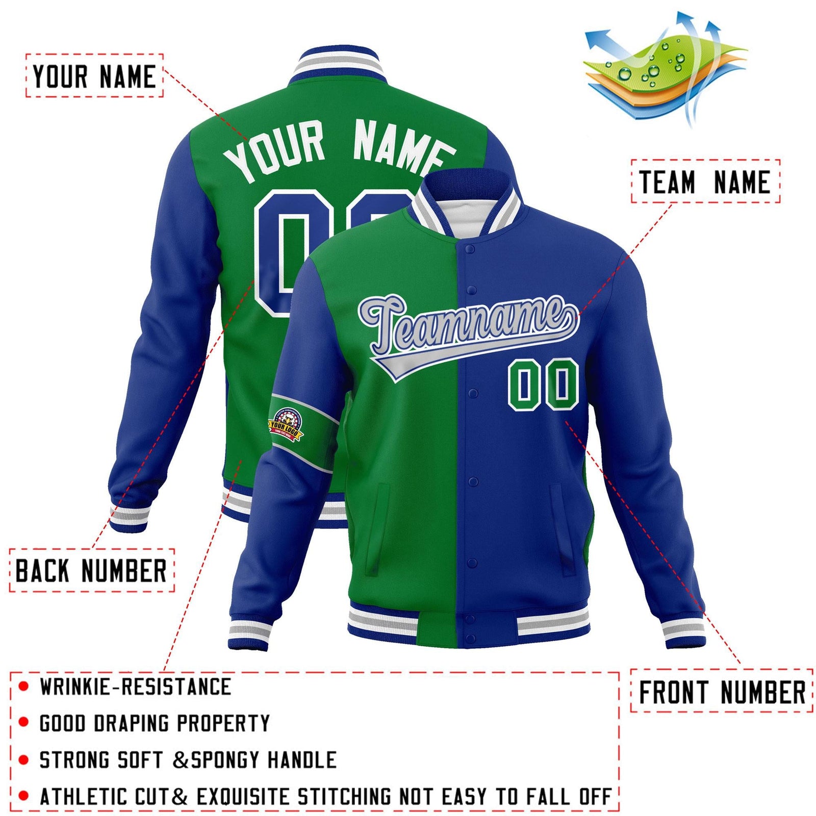 Custom Kelly Green Royal-Gray Letterman Two Tone Full-Snap Split Fashion Jacket