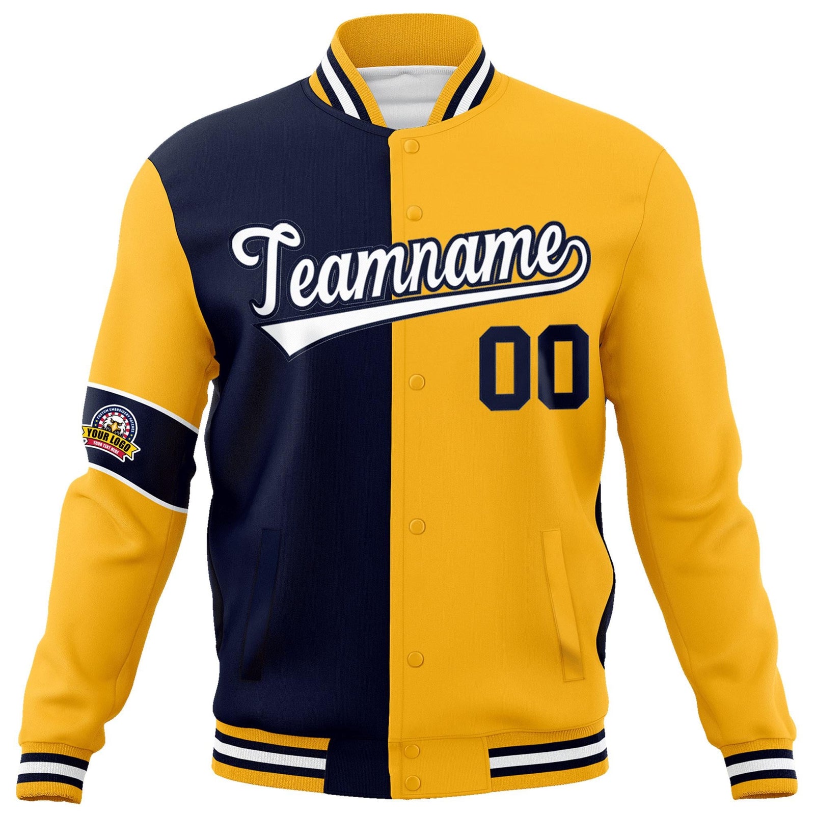 Custom Navy Gold-White Letterman Two Tone Full-Snap Split Fashion Jacket