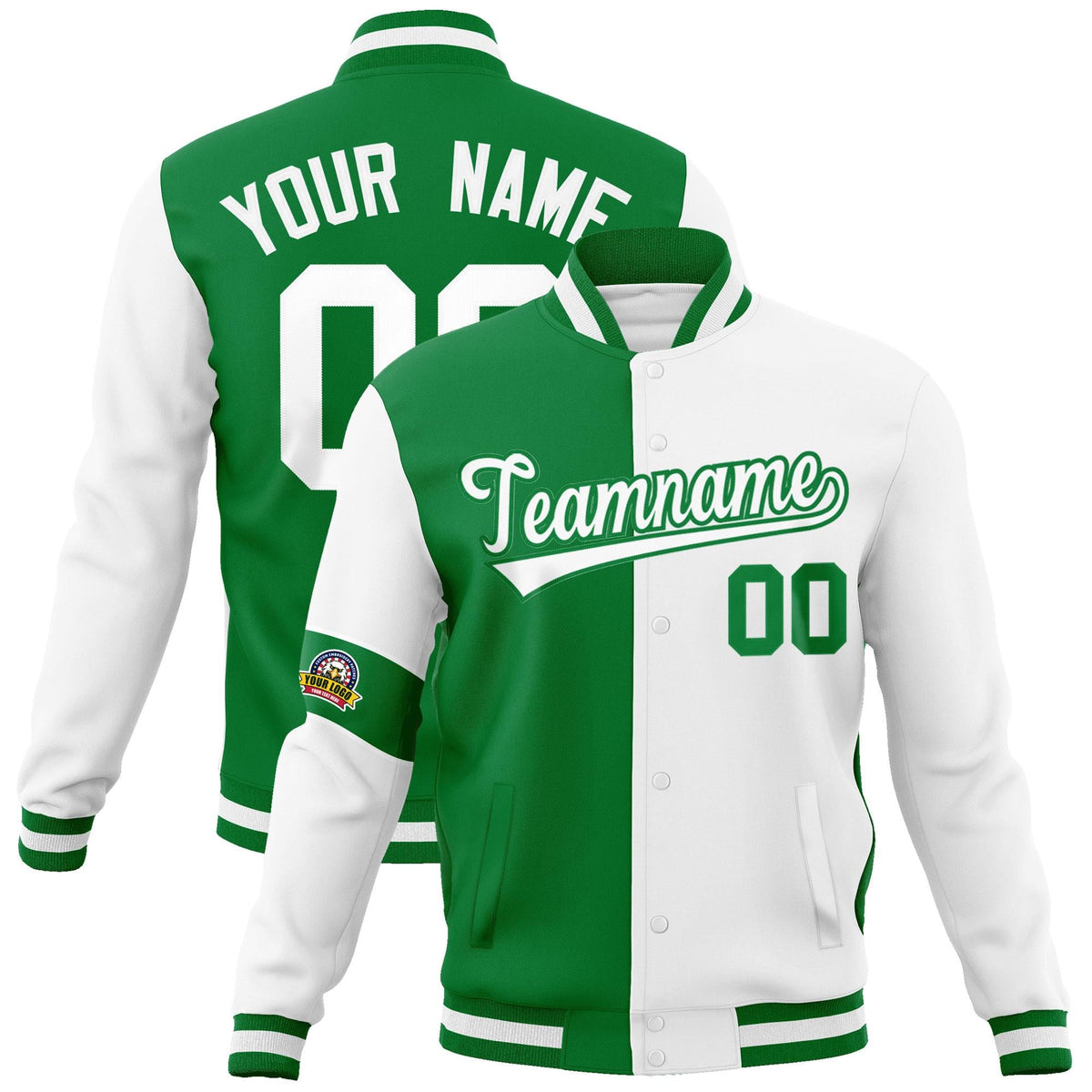 Custom Kelly Green White Letterman Two Tone Full-Snap Split Fashion Jacket