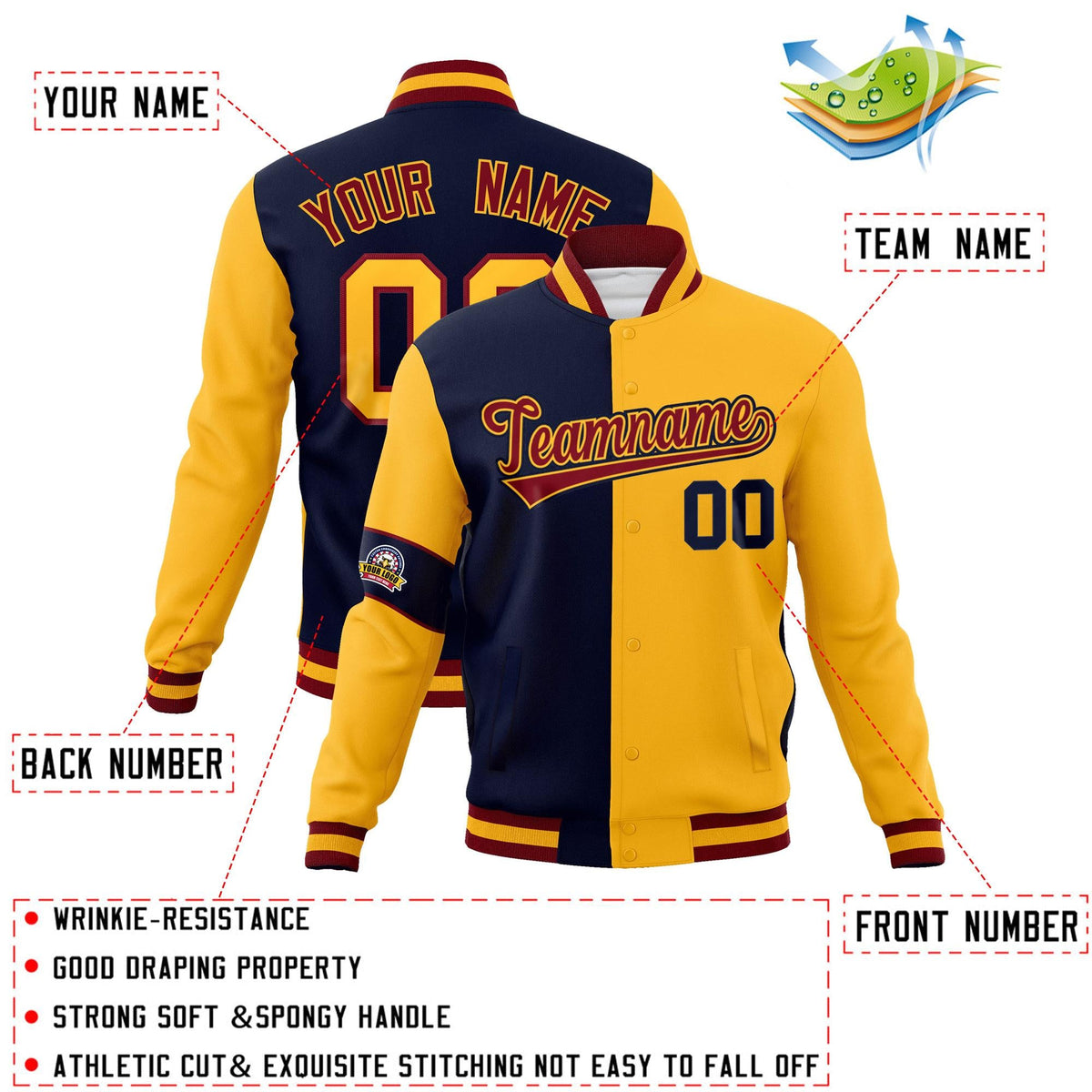 Custom Navy Gold-Crimson Letterman Two Tone Full-Snap Split Fashion Jacket