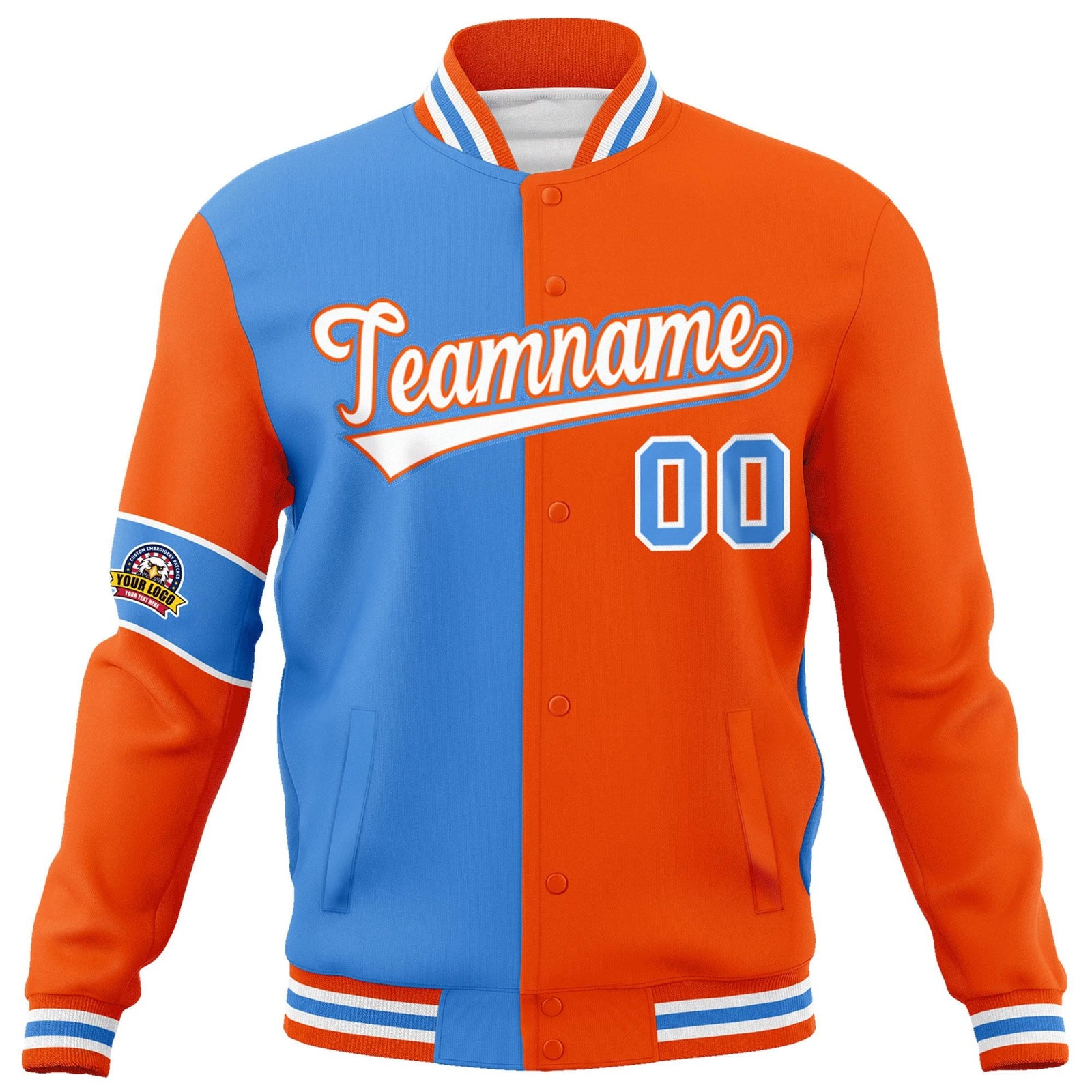 Custom Powder Blue Orange-White Letterman Two Tone Full-Snap Split Fashion Jacket