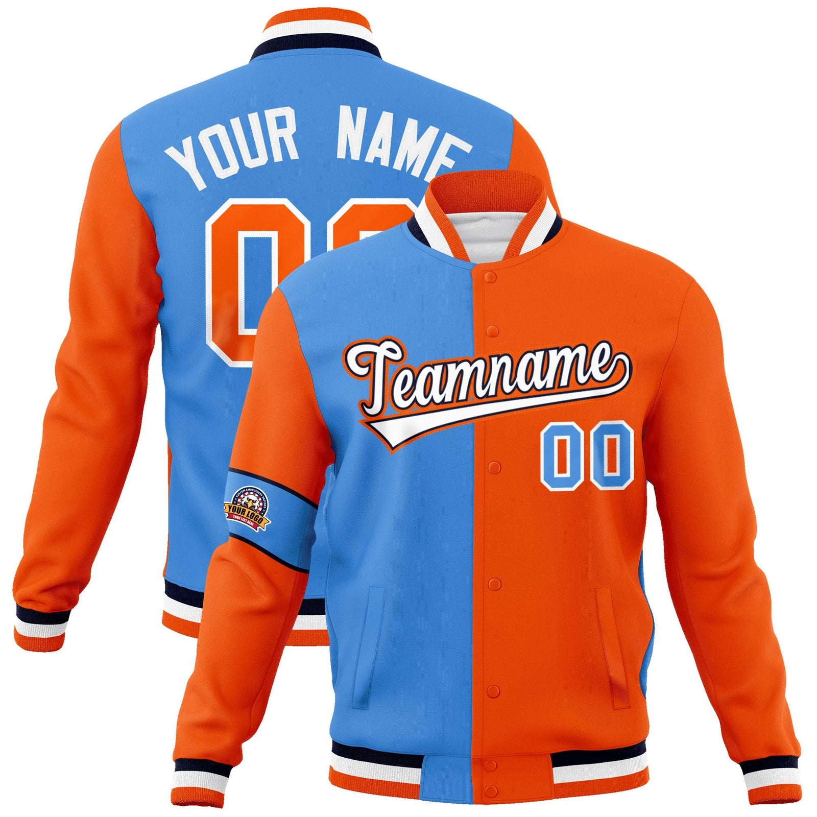 Custom Powder Blue Orange-White Letterman Two Tone Full-Snap Split Fashion Jacket