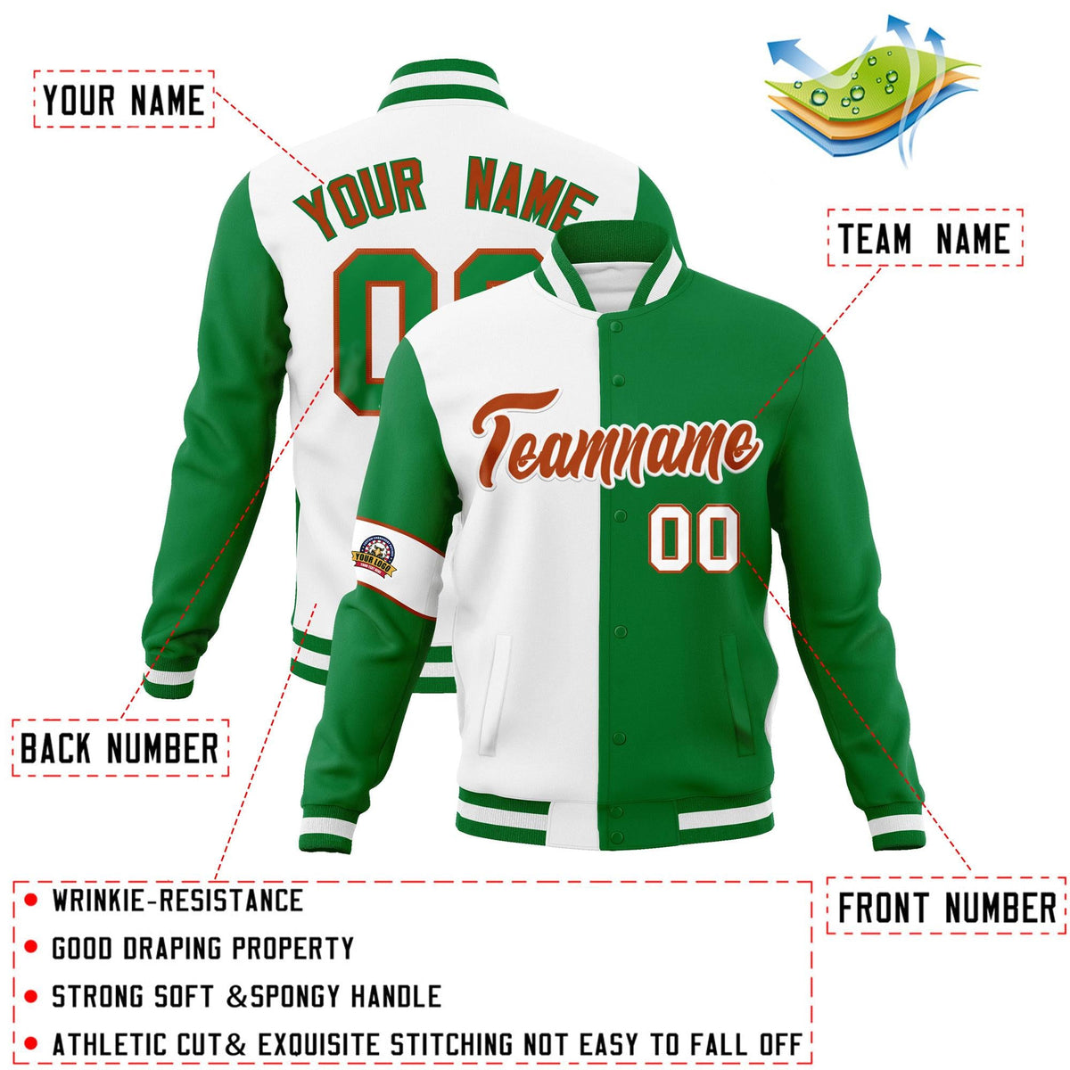 Custom White Kelly Green-Orange Letterman Two Tone Full-Snap Split Fashion Jacket