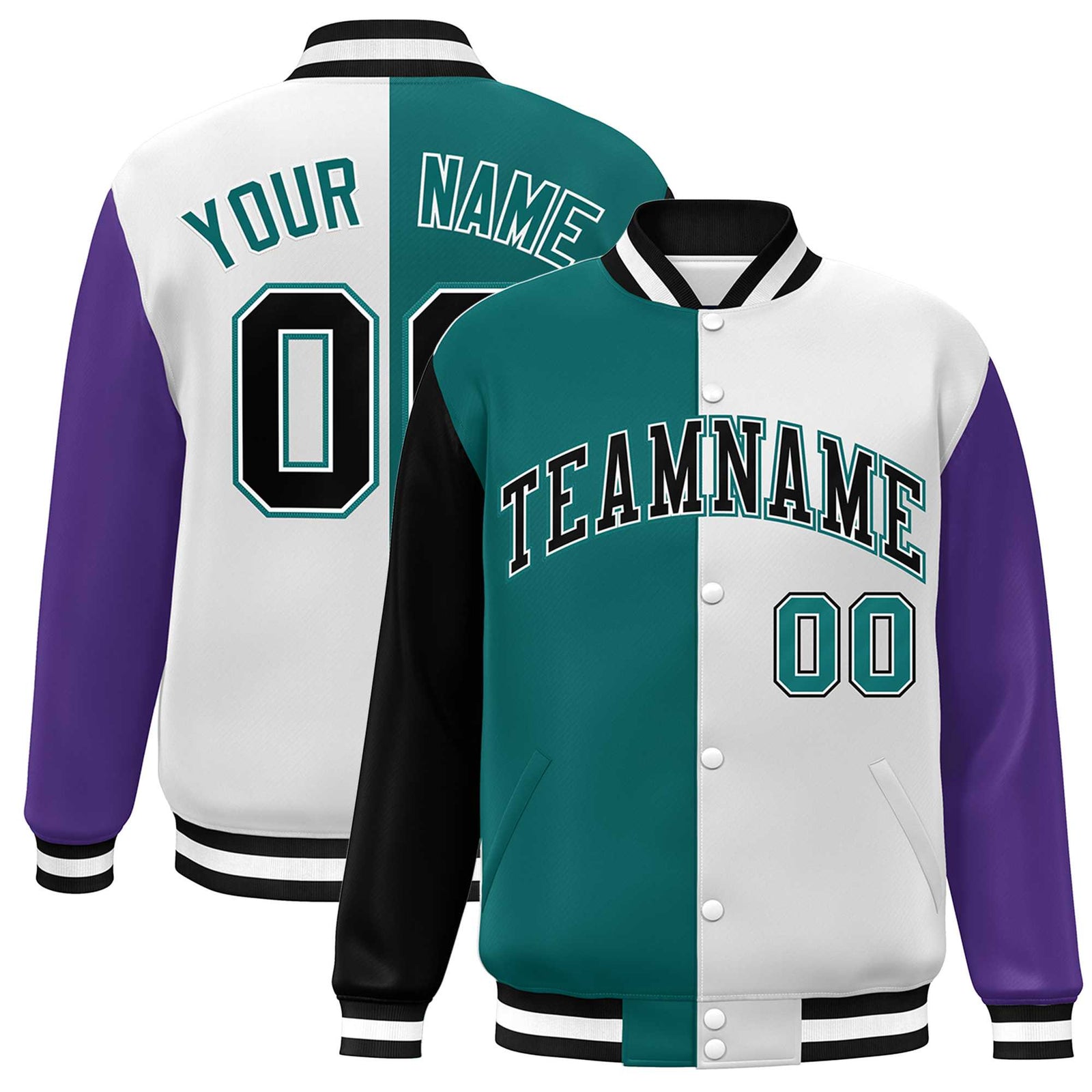 Custom Black Aqua White-Purple Color Block Bomber Varsity Full-Snap Baseball Jacket