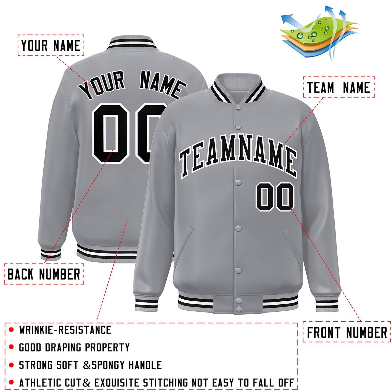 Custom Gray Black-White Letterman Classic Style Varsity Full-Snap Jacket