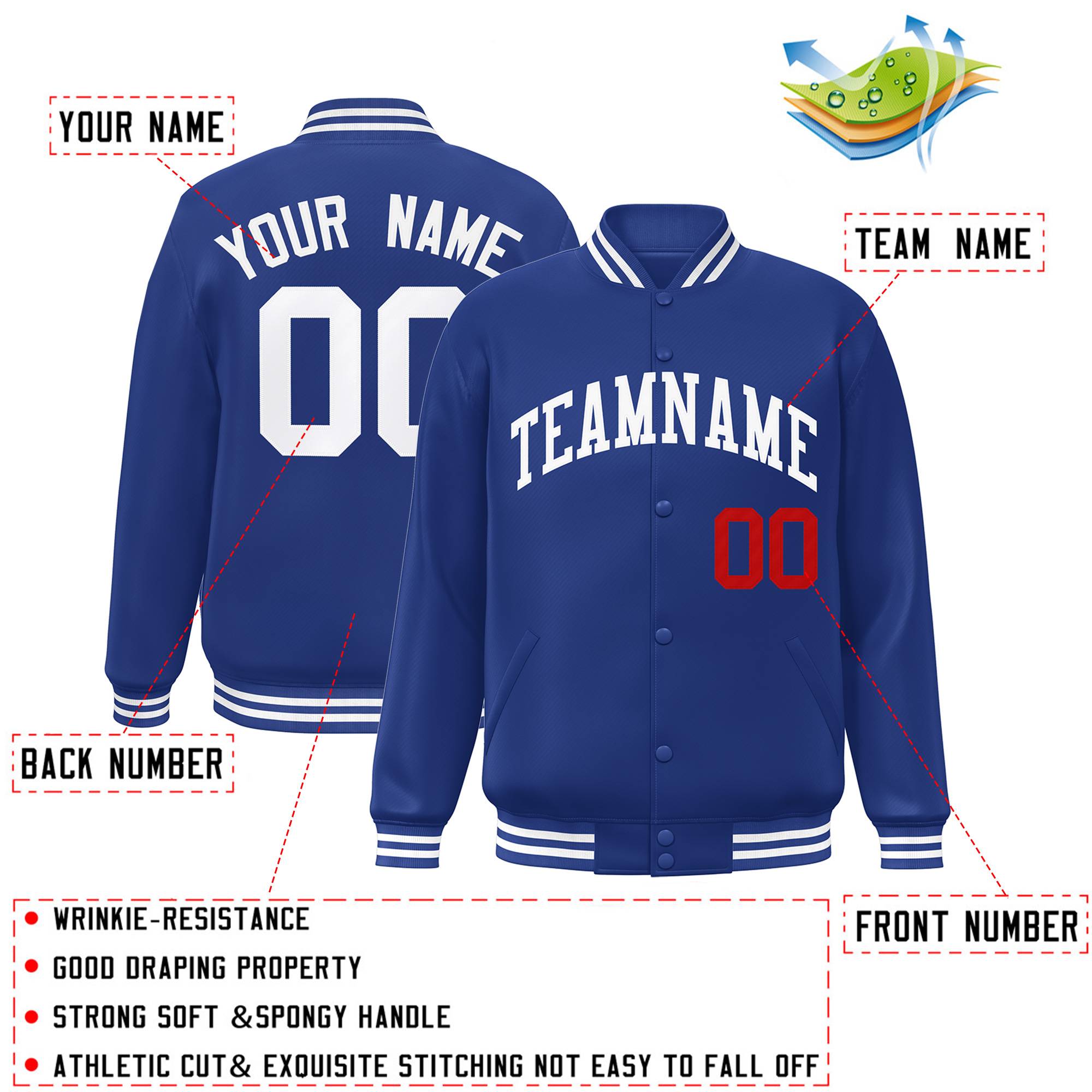 Custom Royal White-Red Letterman Two Tone Classic Style Varsity Full-Snap Jacket
