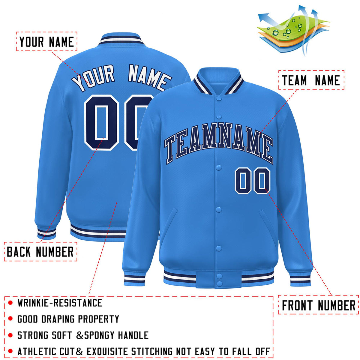 Custom Powder Blue Navy-White Letterman Two Tone Classic Style Varsity Full-Snap Jacket