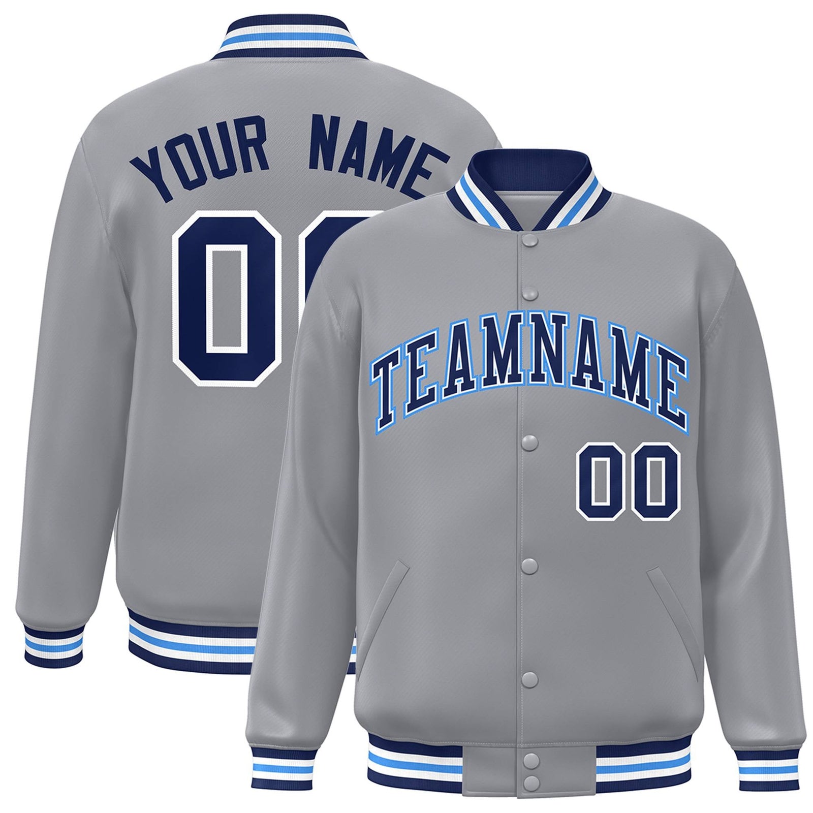 Custom Gray Royal-Powder Blue Letterman Two Tone Classic Style Varsity Full-Snap Jacket