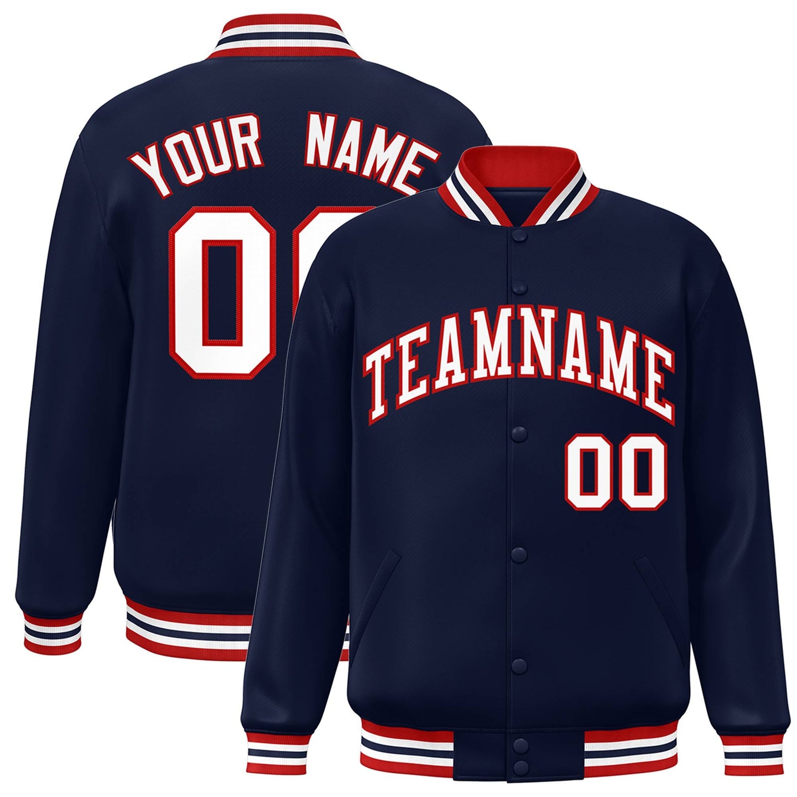 Custom Navy White-Red Letterman Two Tone Classic Style Varsity Full-Snap Jacket